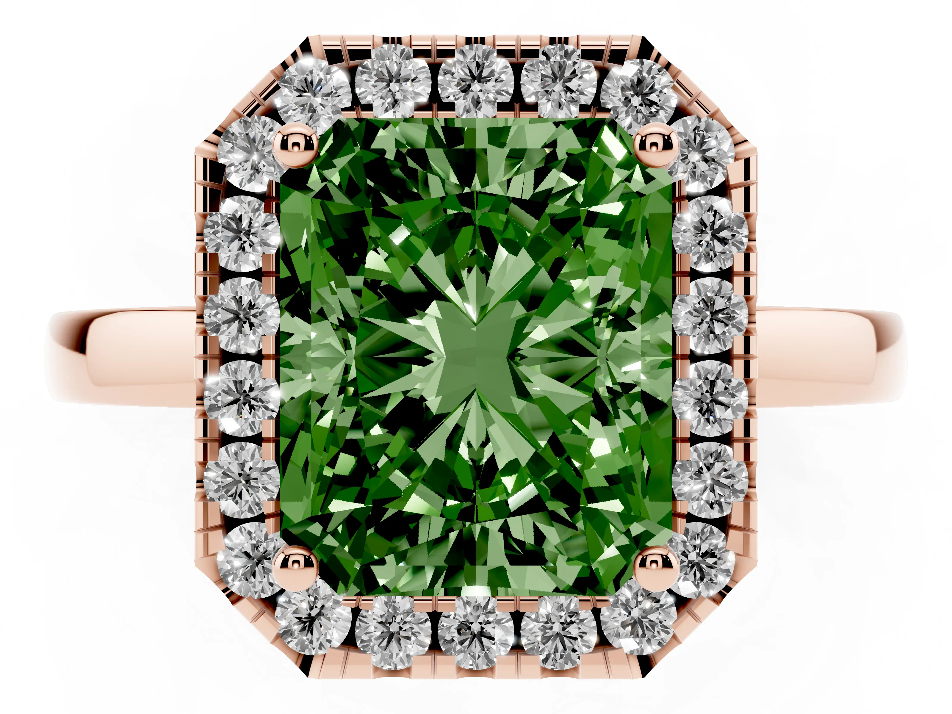 Fancy Green Radiant Cut Diamond Halo Solitaire Ring Set in Rose gold with Pavé Band and Prong Setting