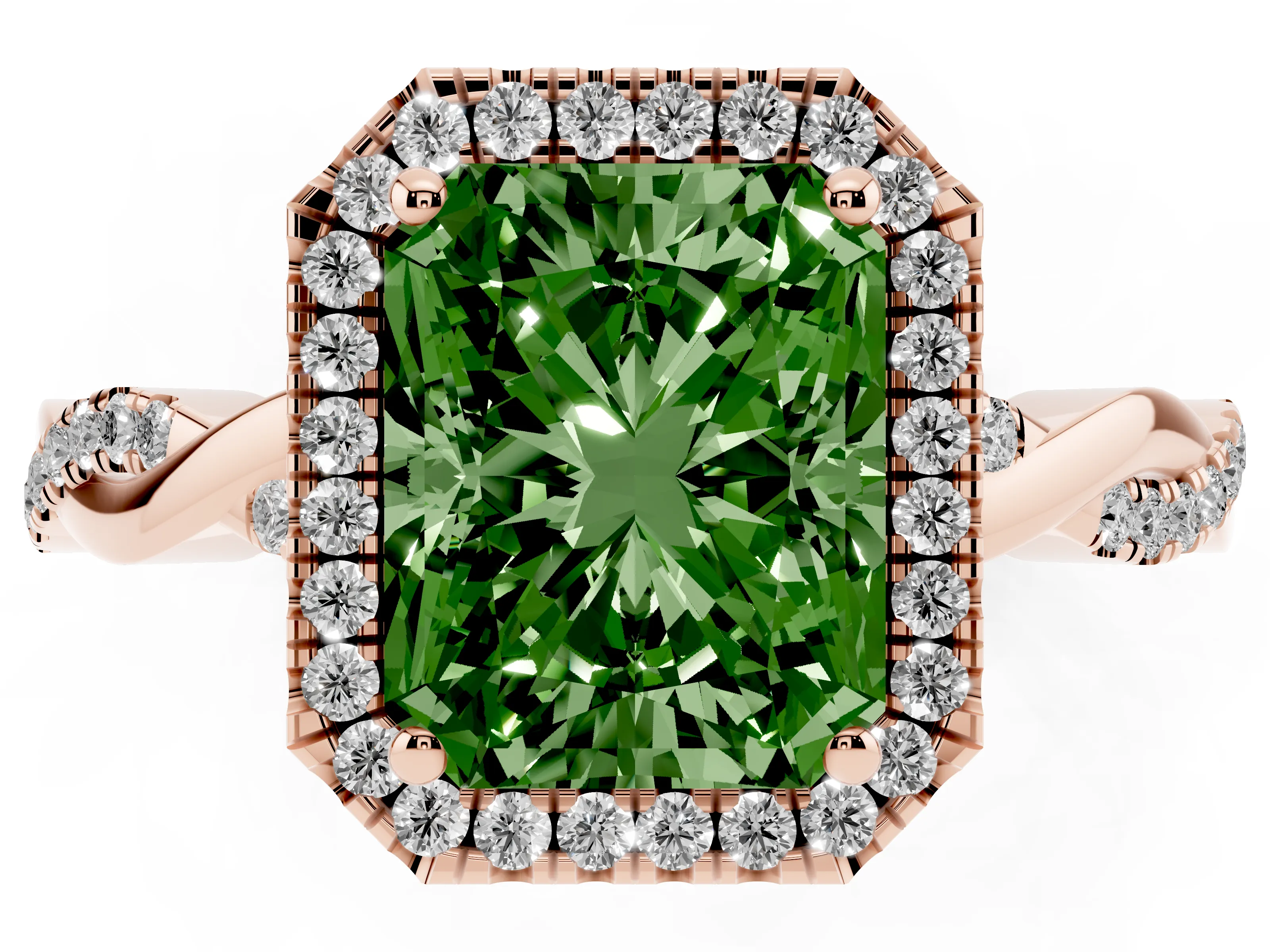 Fancy Green Radiant Cut Diamond Halo Twisted Band Ring Set in Rose gold with Prong Setting
