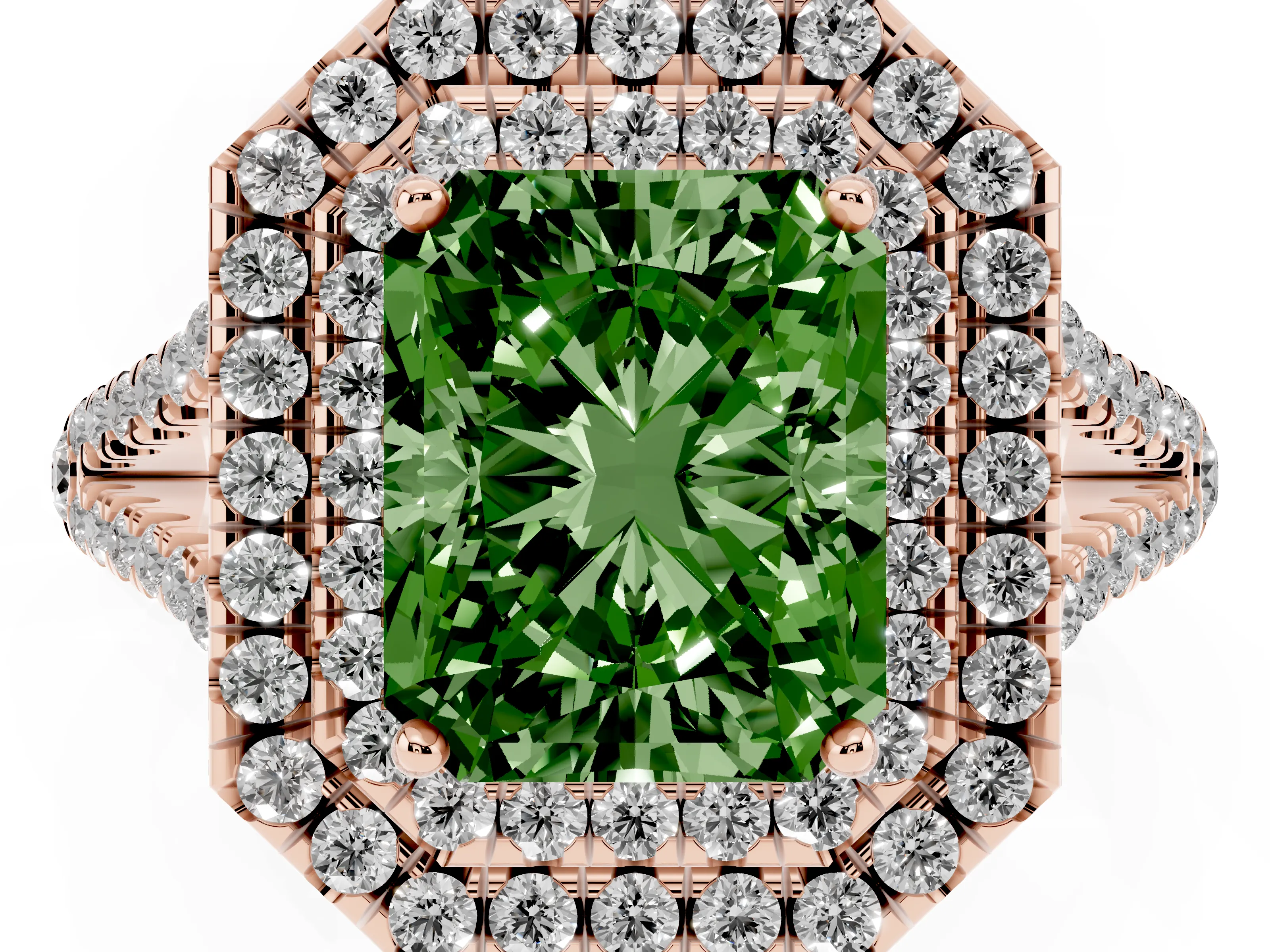 Fancy Green Radiant Cut Diamond Double Halo Ring Set in Rose gold with Pavé Band