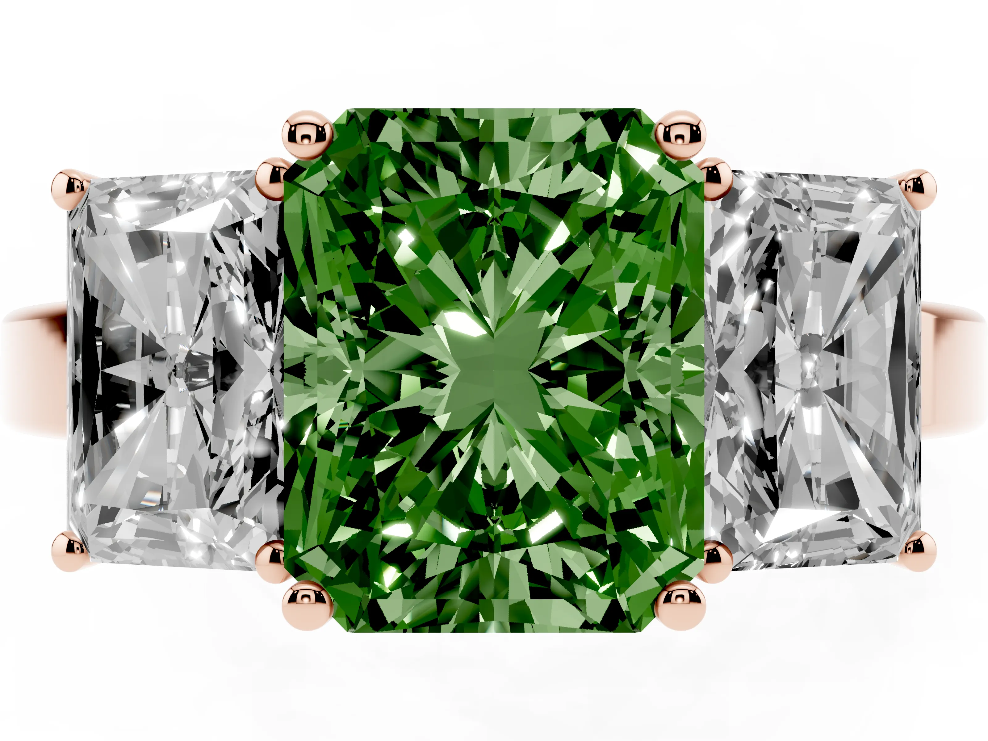 Fancy Green Radiant Cut Diamond Three-Stone Engagement Ring Set in Rose gold with Flat Band