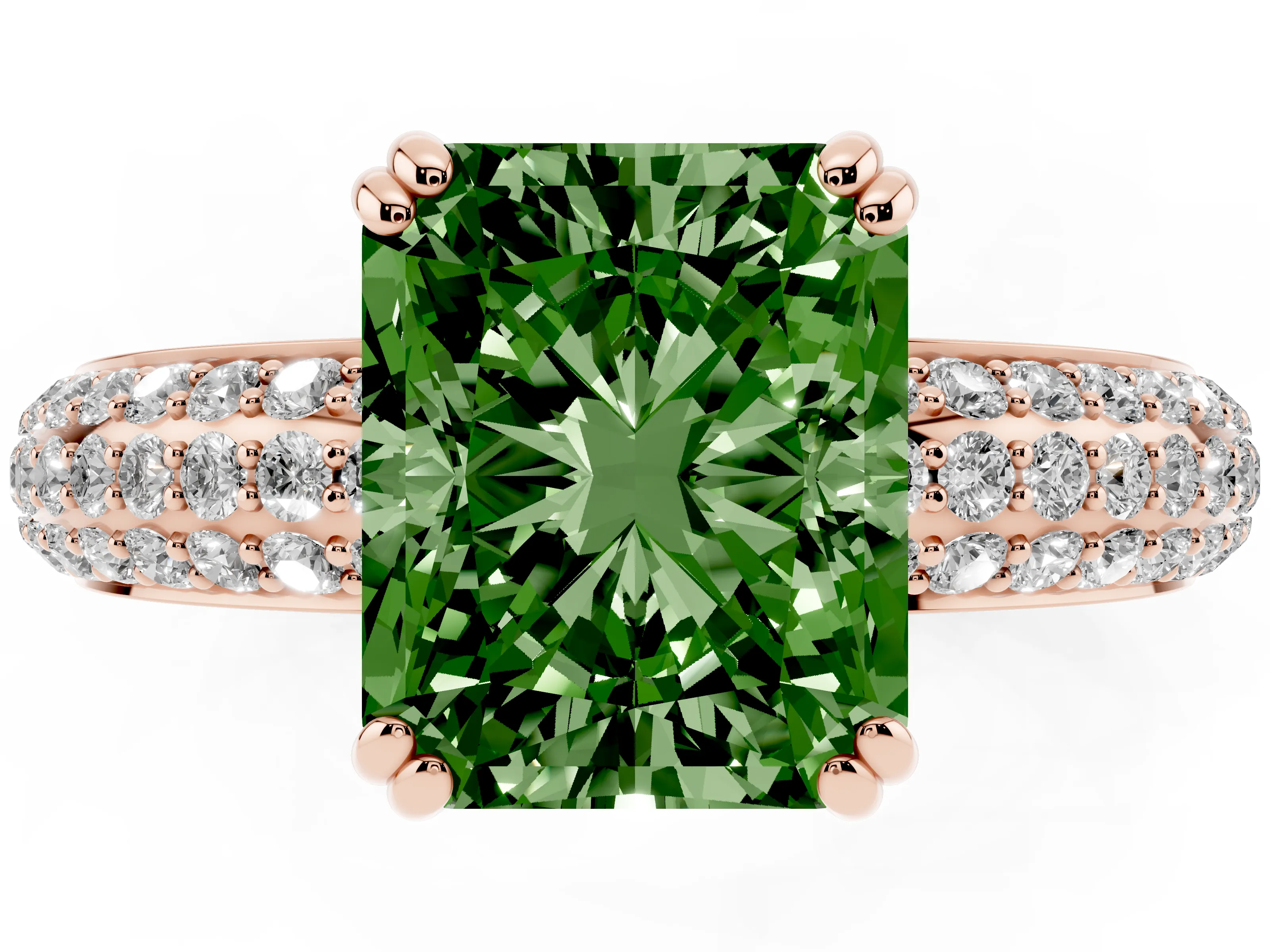 Fancy Green Radiant Cut Diamond Solitaire Ring Set in Rose gold with Multi-Row Round Pavé Band and Prong Setting