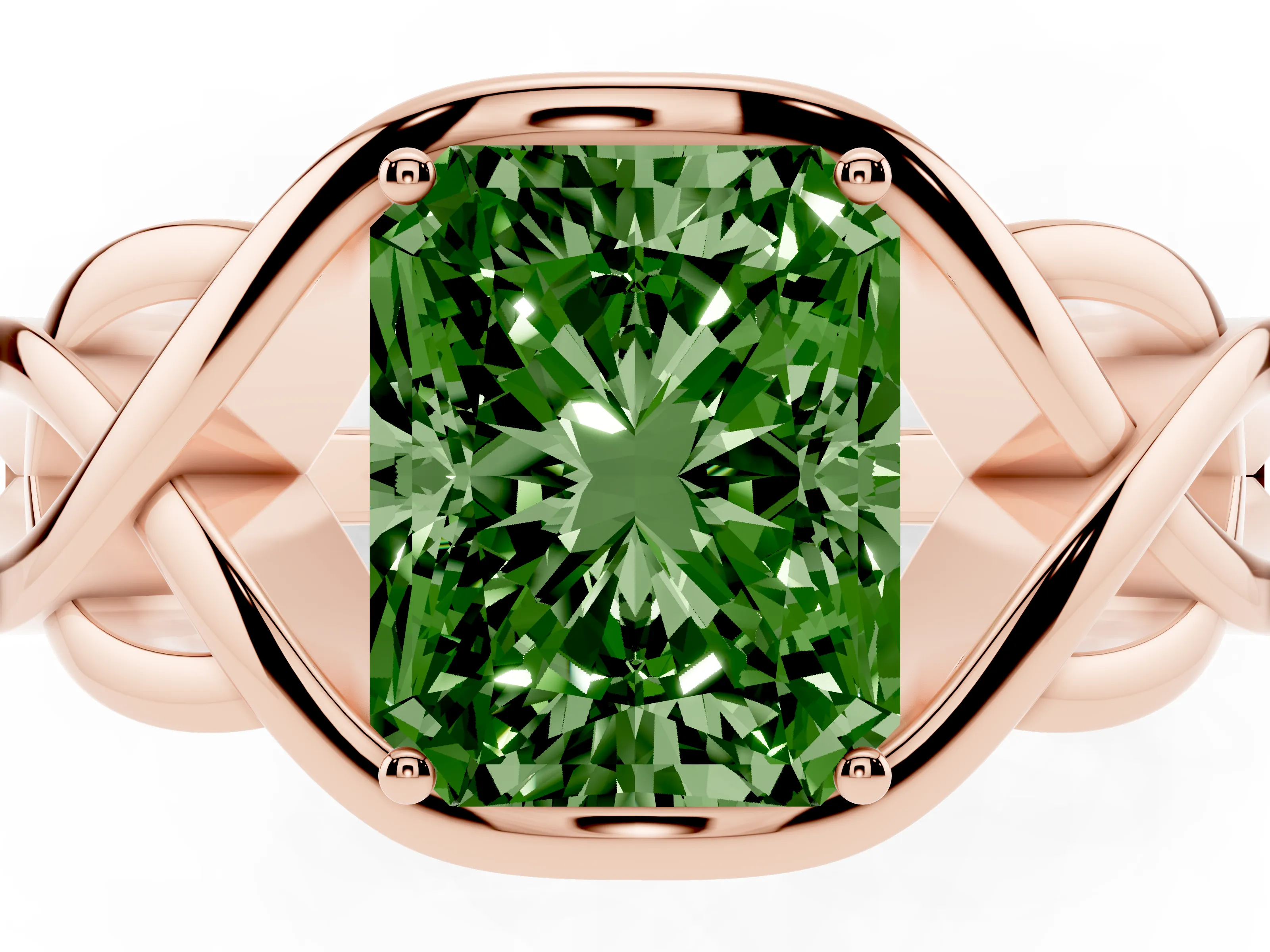 Fancy Green Radiant Cut Diamond Solitaire Ring Set in Rose gold with Intertwined Band