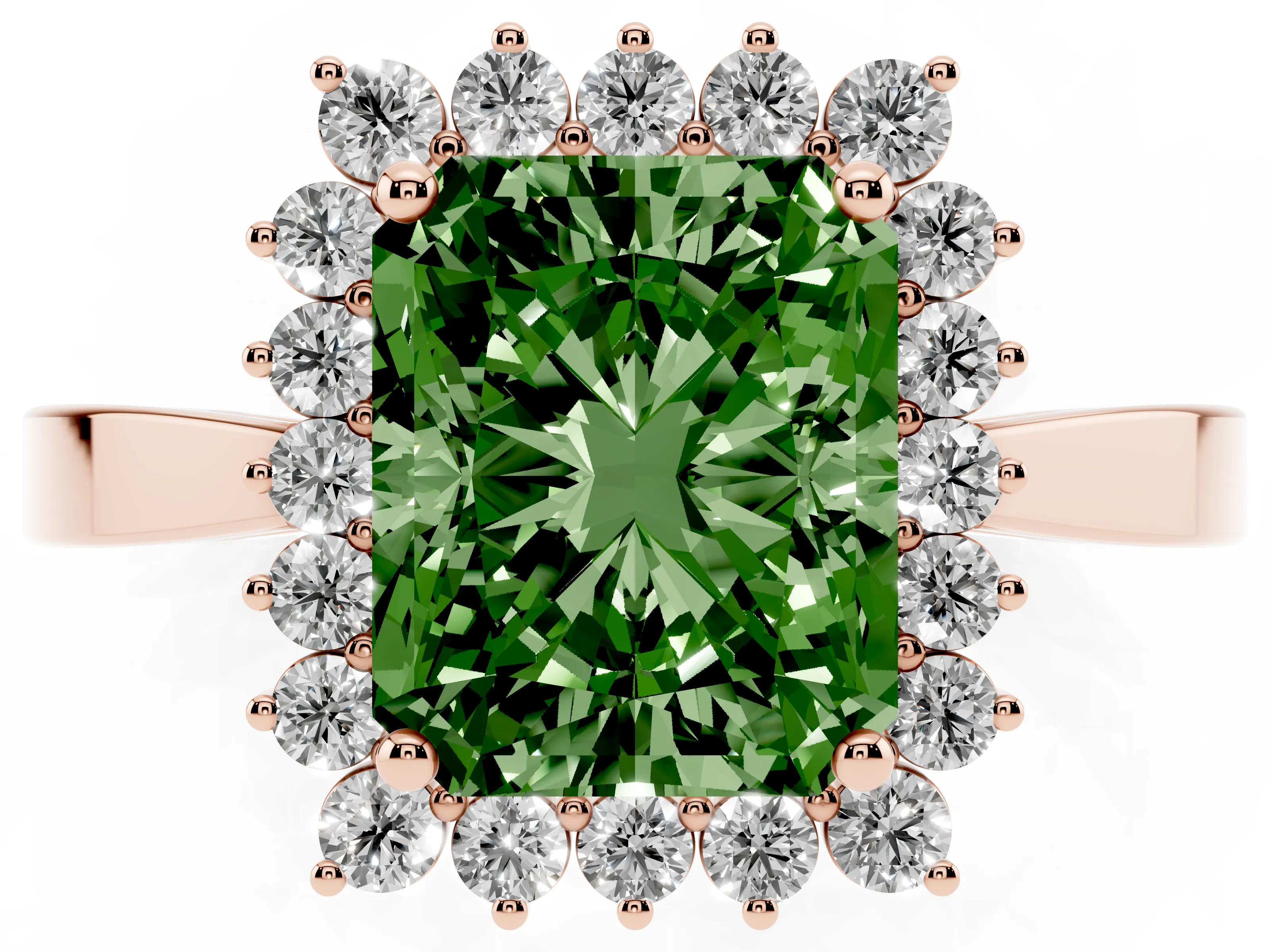 Fancy Green Radiant Cut Diamond Halo Ring Set in Rose gold with Round Halo and Smooth Solitaire Band
