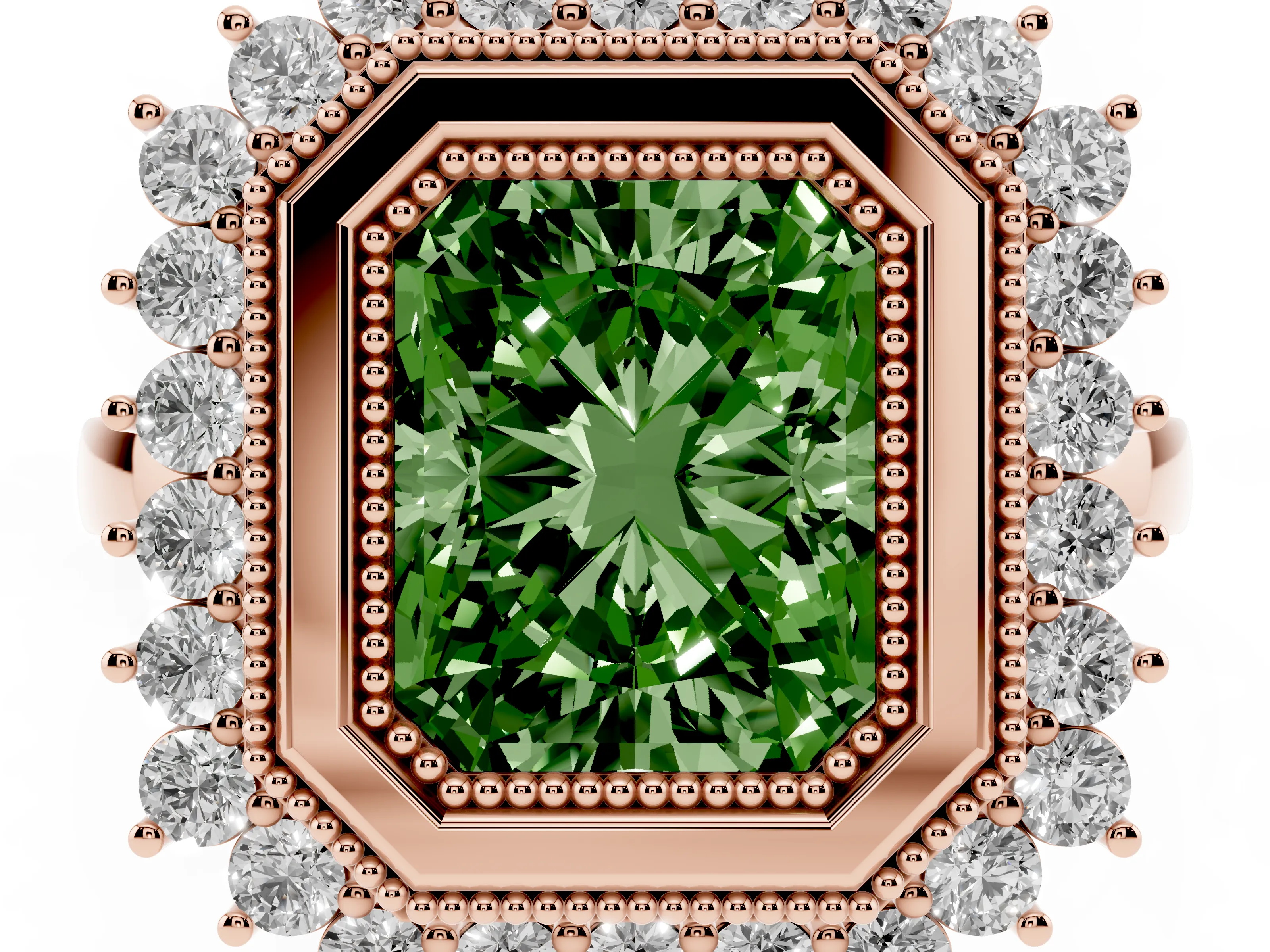 Fancy Green Radiant Cut Diamond Halo Ring Set in Rose gold with Milgrain Edge and Round Prong Setting