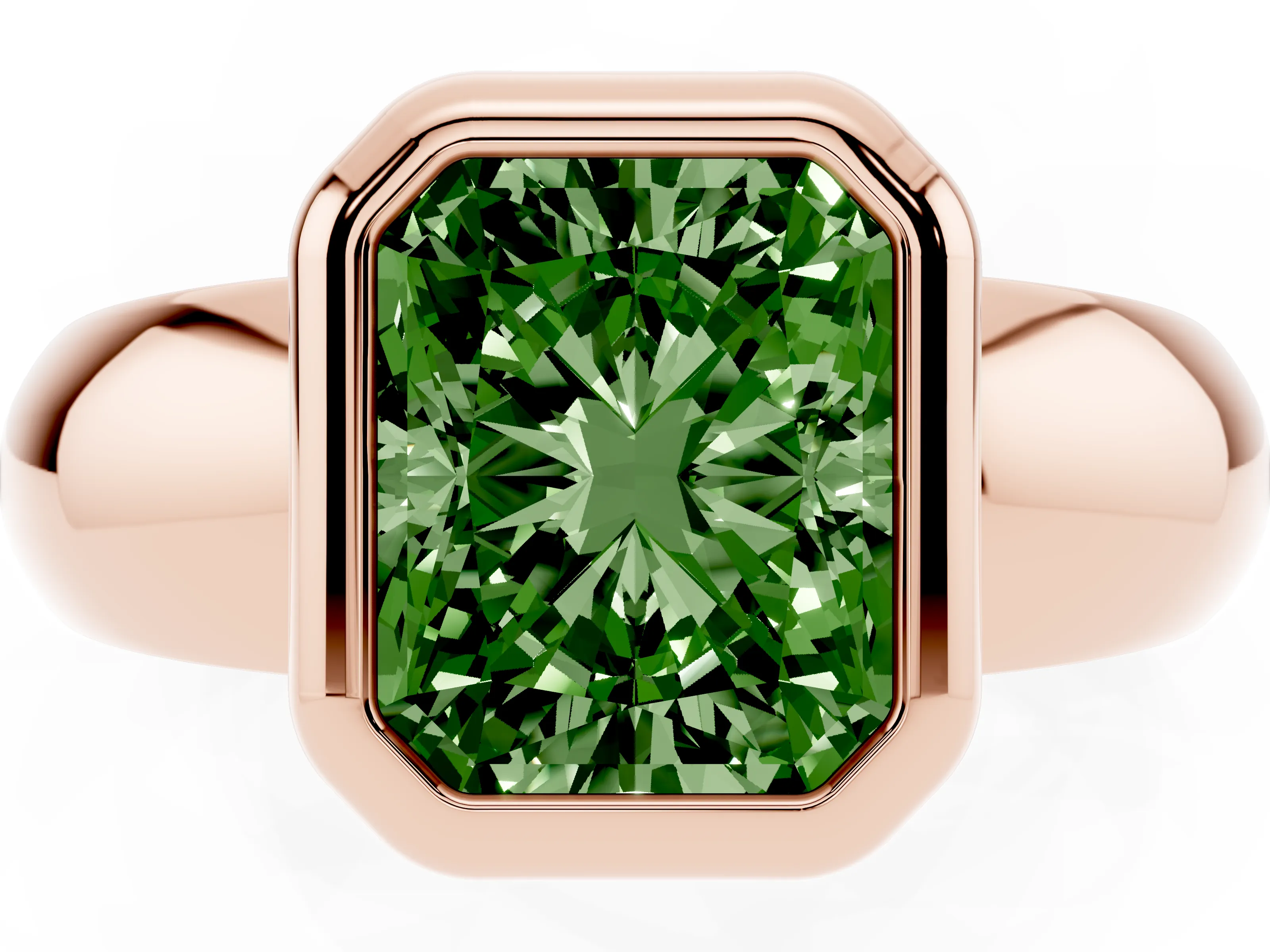 Fancy Green Bezel Set Radiant Cut Diamond Solitaire Ring Set in Rose gold with Wide Band