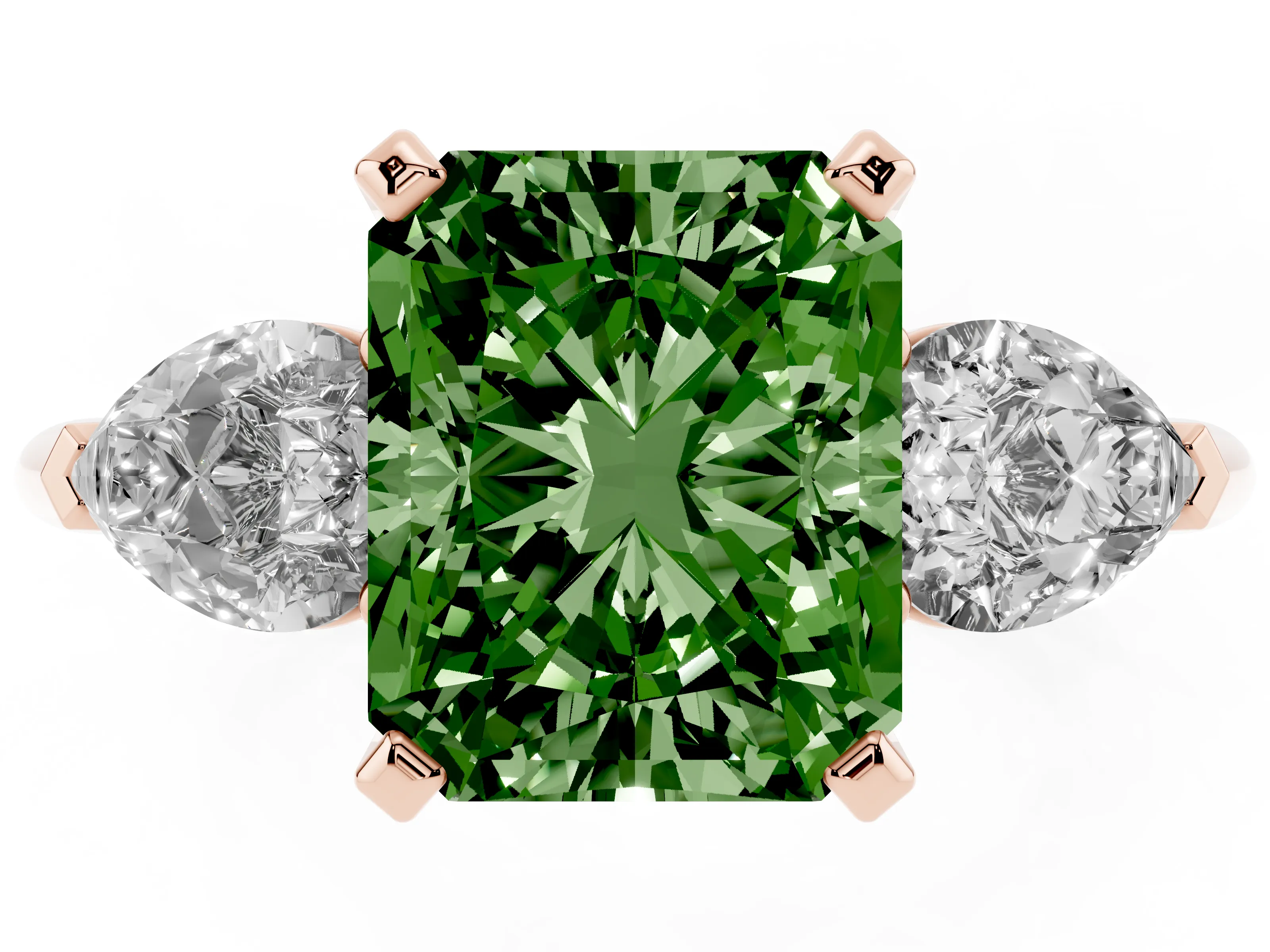 Fancy Green Three-Stone Radiant Cut Diamond Ring Set in Rose gold with Pear Side Stones and Prong Setting