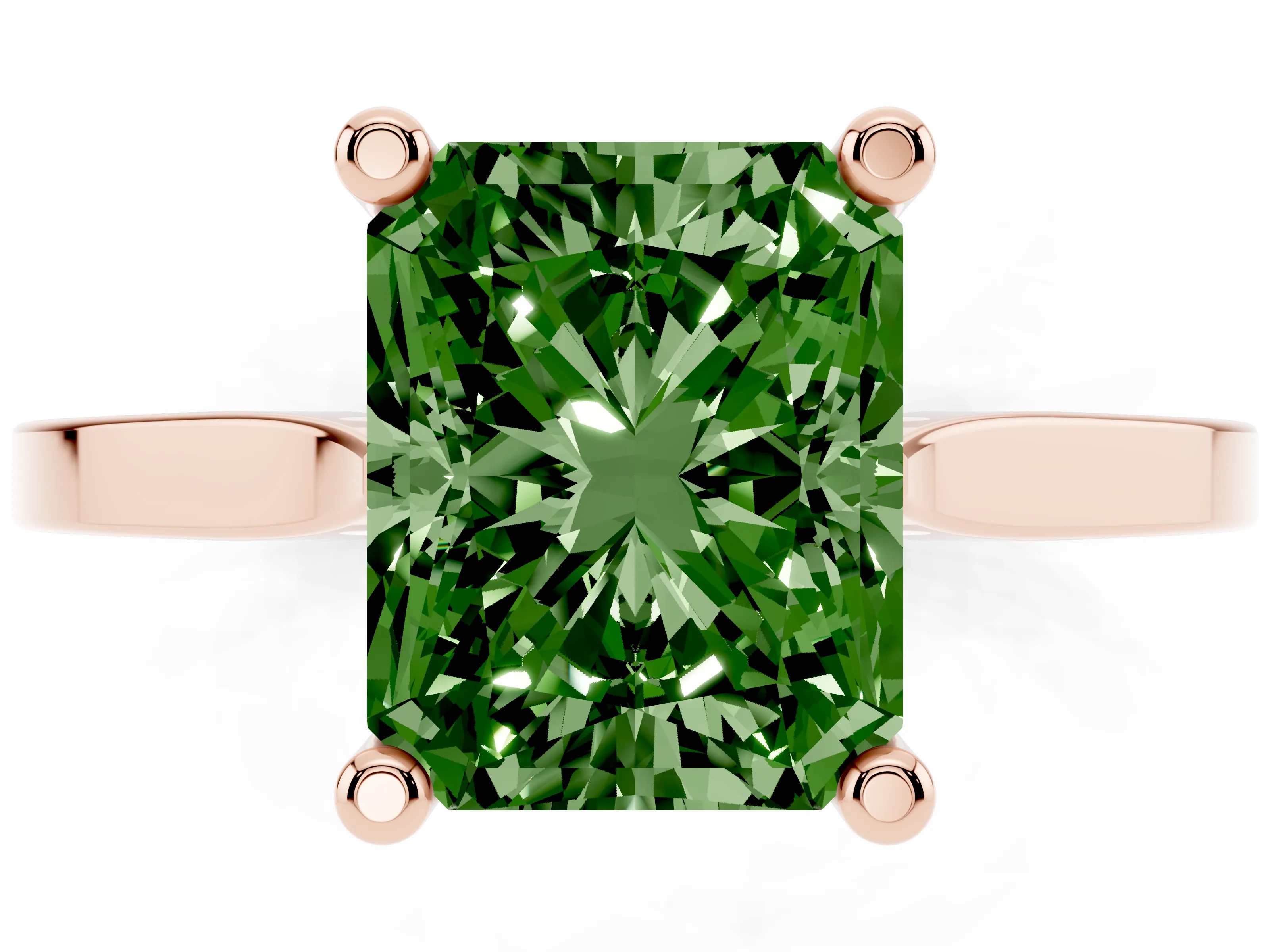 Fancy Green Radiant Cut Diamond Solitaire Ring Set in Rose gold with Prong Setting and Tapered Band