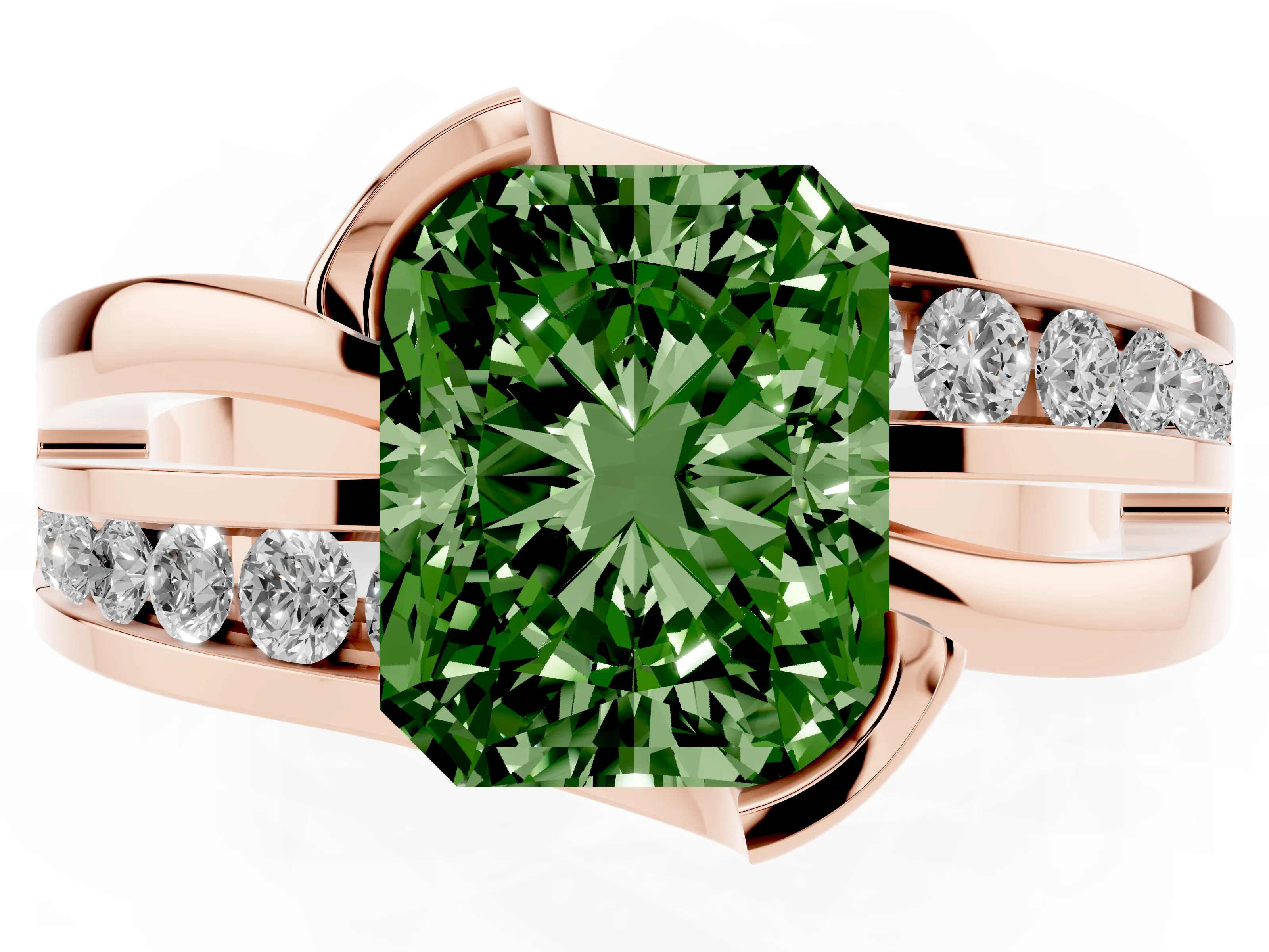 Fancy Green Radiant Cut Diamond Solitaire Ring Set in Rose gold with Channel Set Split Shank and Tension Prongs