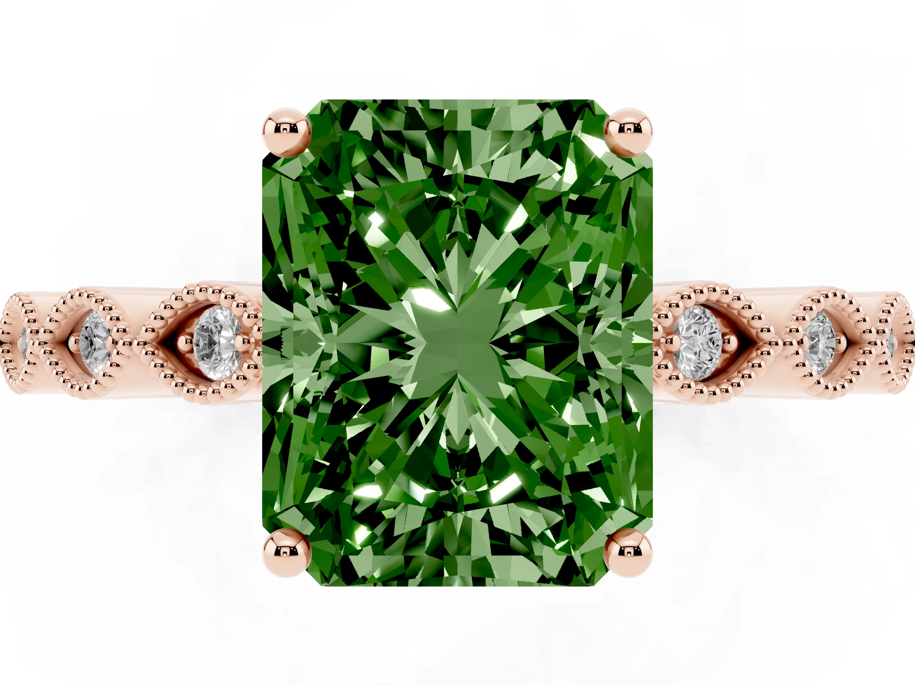 Fancy Green Radiant Cut Diamond Solitaire Ring Set in Rose gold with Infinity Twist Pavé Band