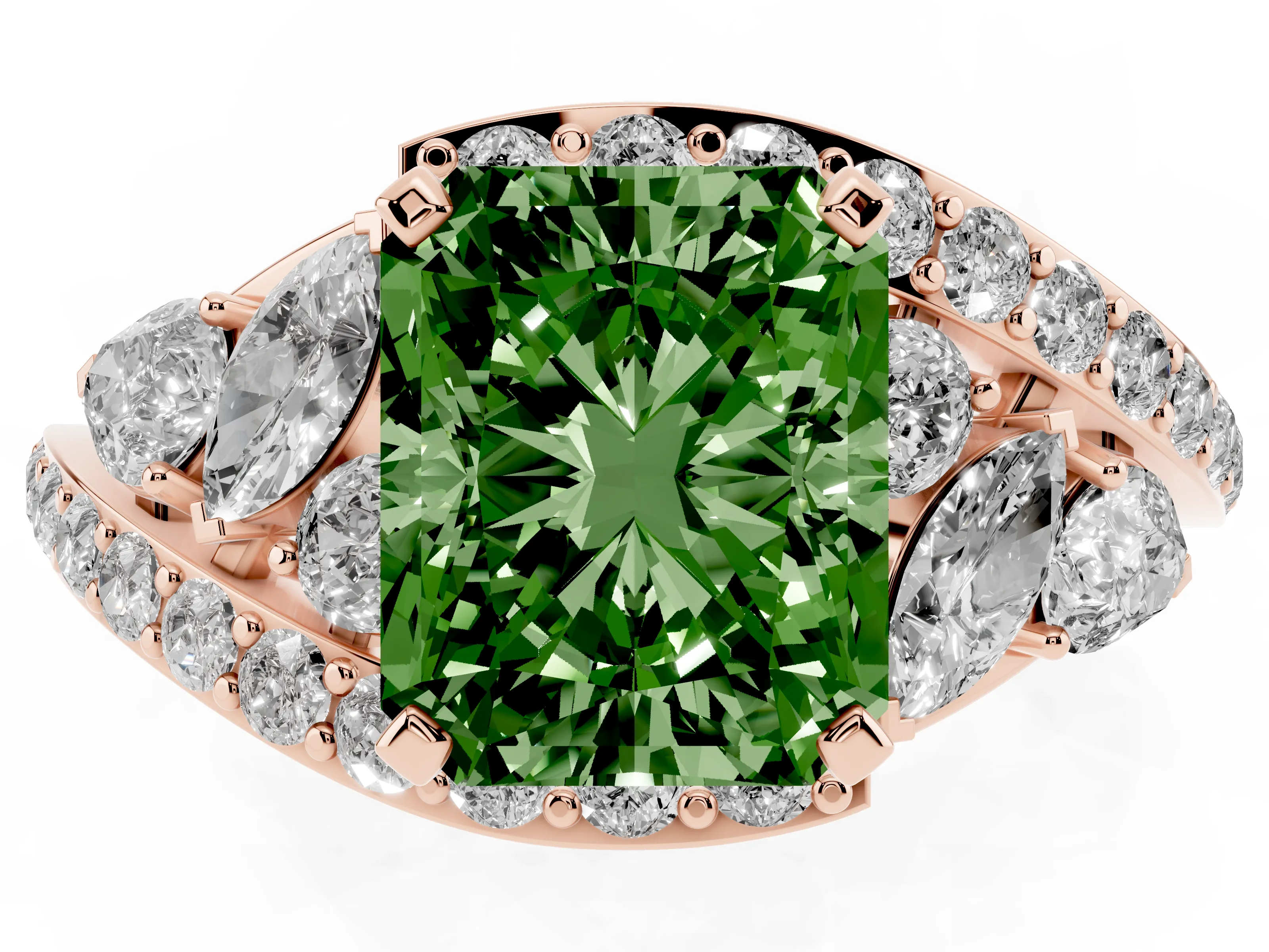 Fancy Green Radiant Cut Diamond Halo Ring Set in Rose gold with Marquise and Pavé Band in Prong Setting