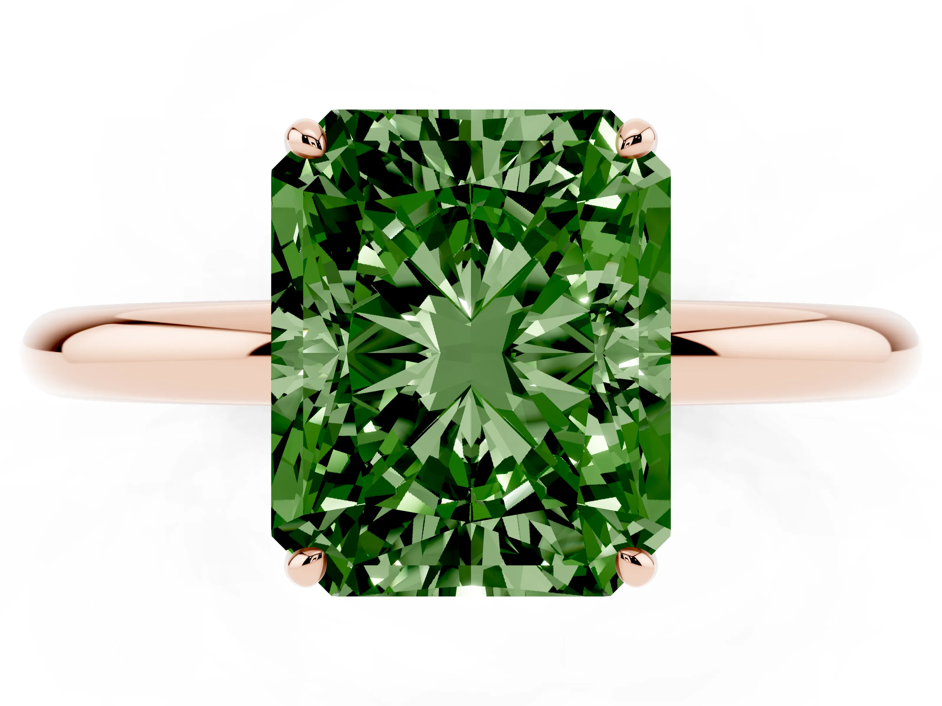 Fancy Green Radiant Cut Diamond Solitaire Ring Set in Rose gold with Prong Setting on a Polished Plain Band