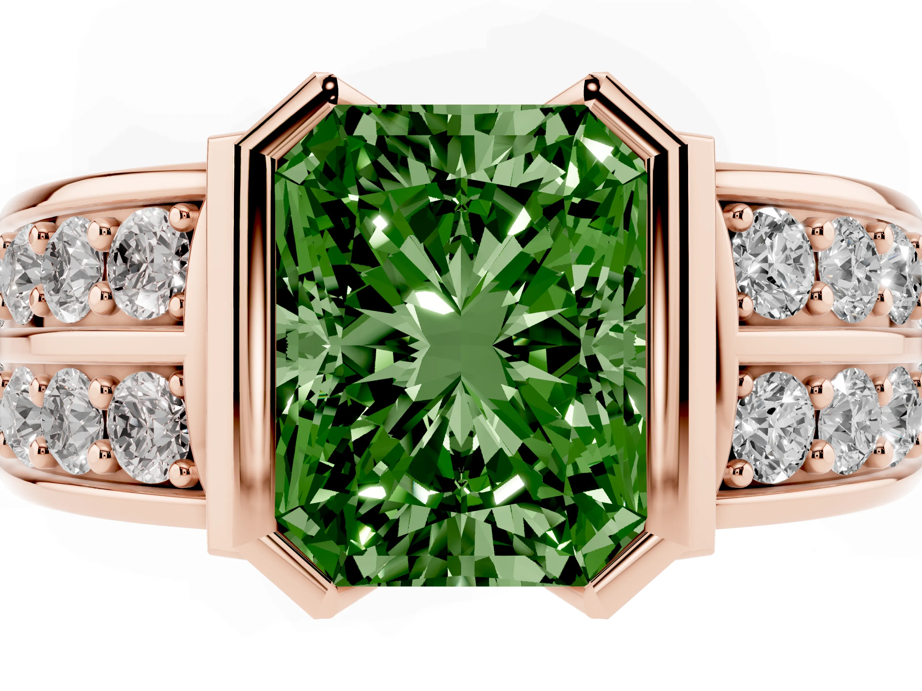 Fancy Green Radiant Cut Diamond Wide Channel Set Band Ring Set in Rose gold with Bezel Setting