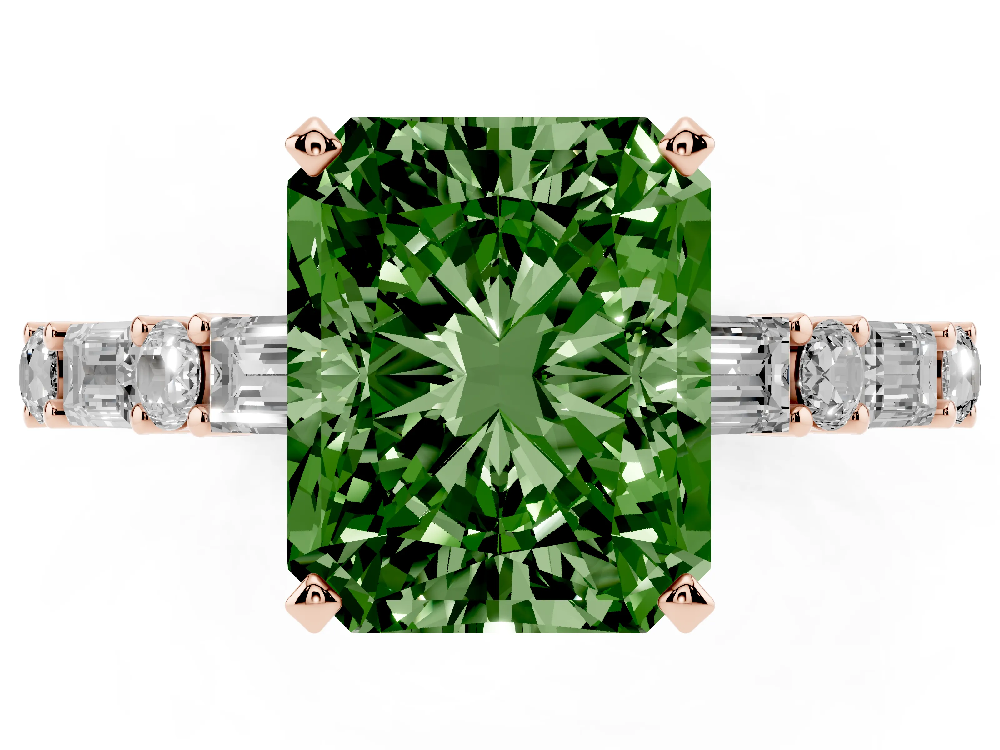 Fancy Green Radiant Cut Diamond Solitaire Set in Rose gold with Side Baguettes and Channel Set Band
