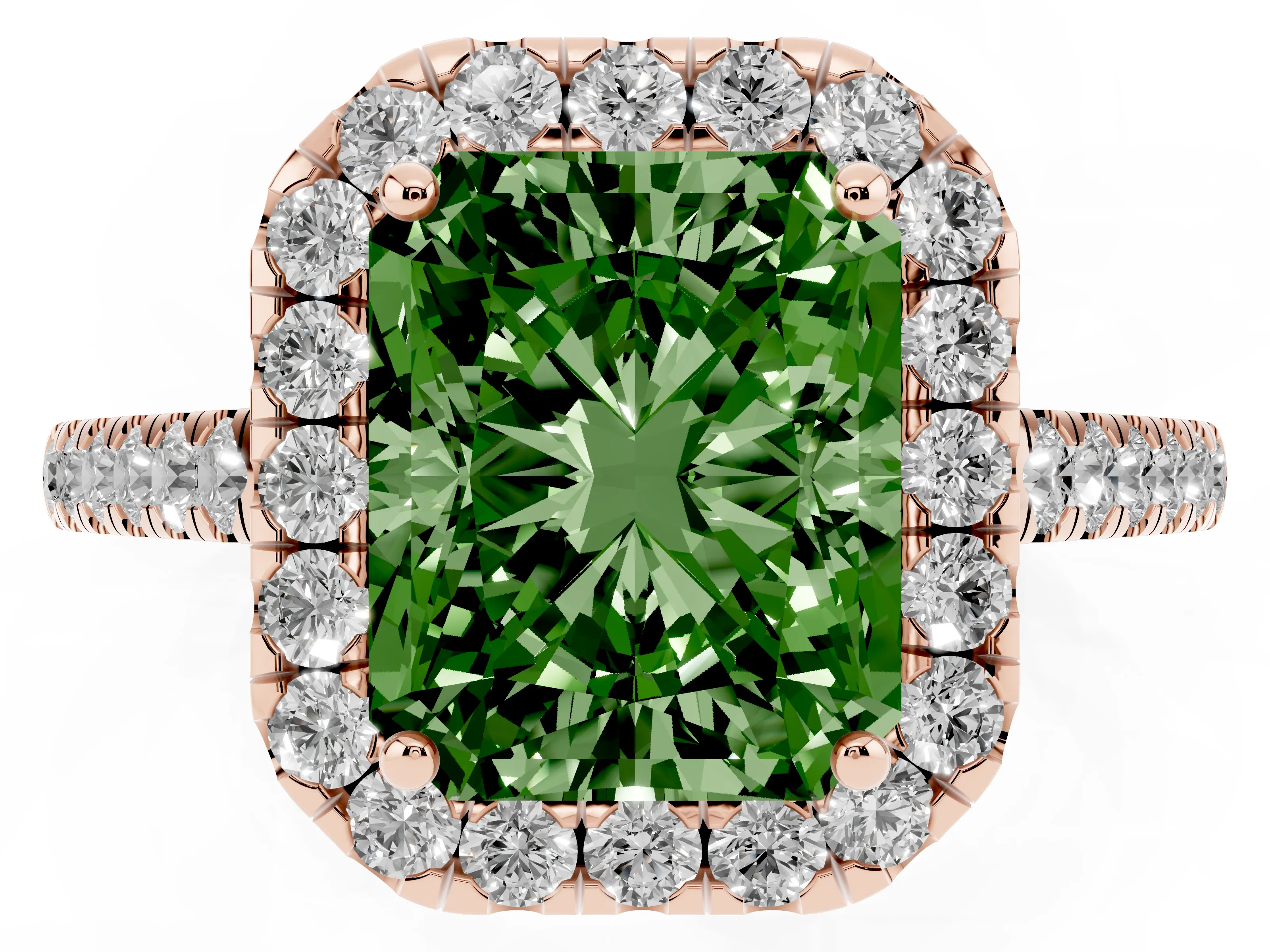 Fancy Green Radiant Cut Diamond Halo Pavé Engagement Ring Set in Rose gold with Prong Setting