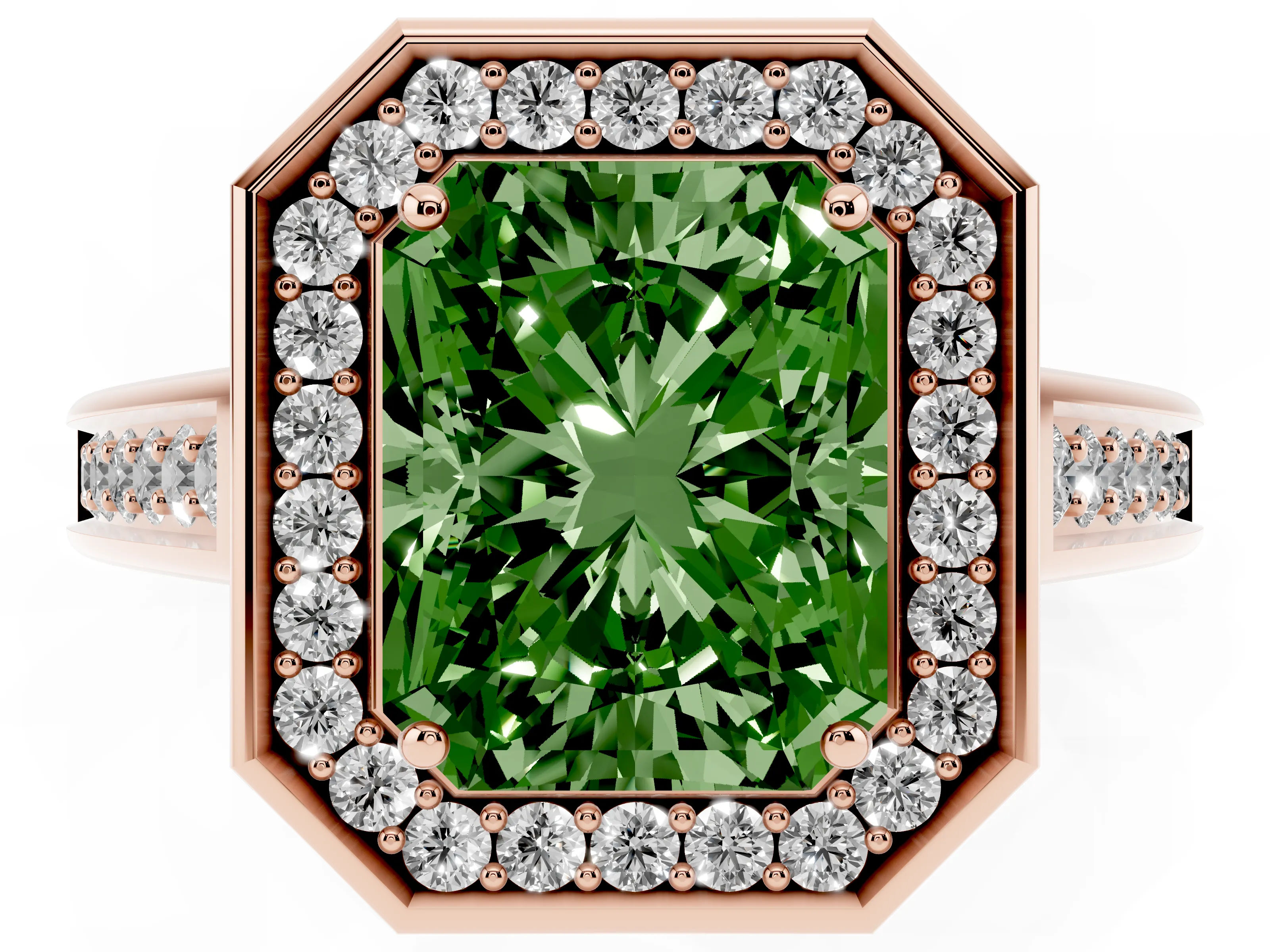 Fancy Green Radiant Cut Diamond Halo Solitaire Ring Set in Rose gold with Pavé Band and Bezel Setting