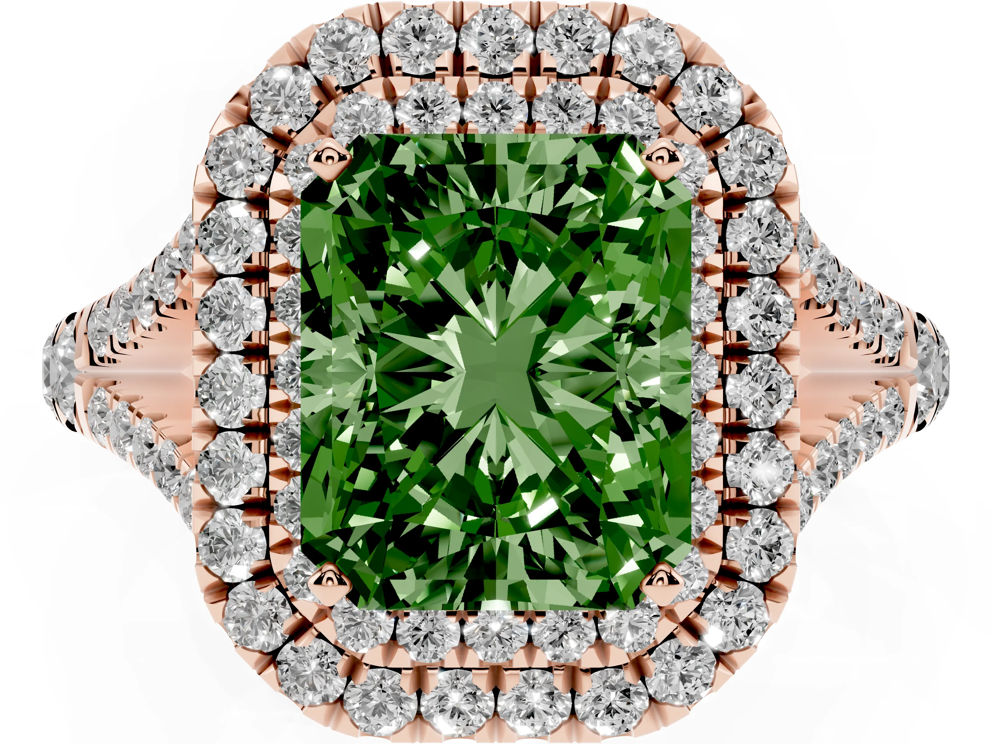 Fancy Green Radiant Cut Diamond Pavé Split Shank Double Halo Engagement Ring Set in Rose gold