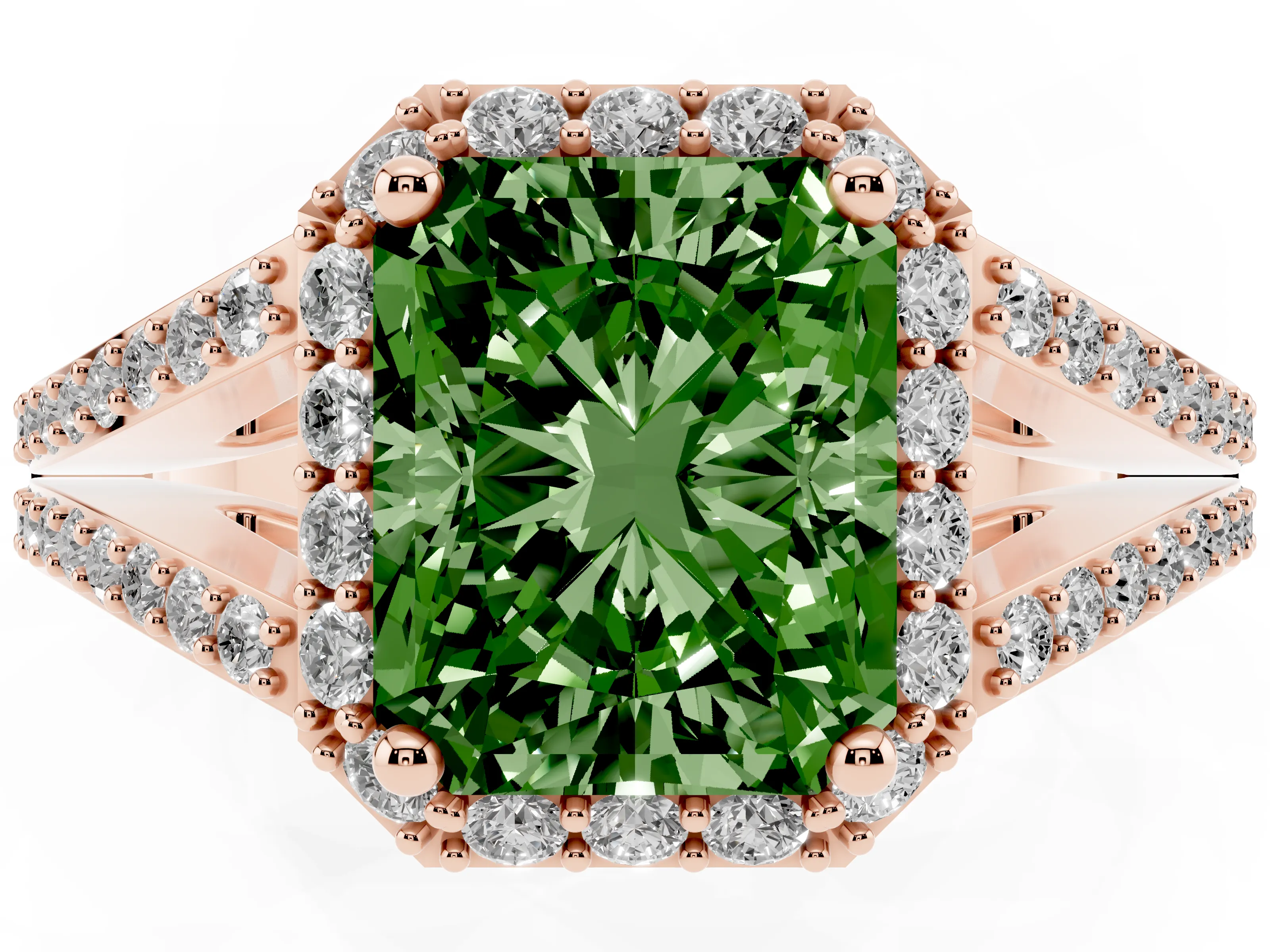 Fancy Green Radiant Cut Diamond Halo Split Shank Pavé Ring Set in Rose gold with Prong Setting