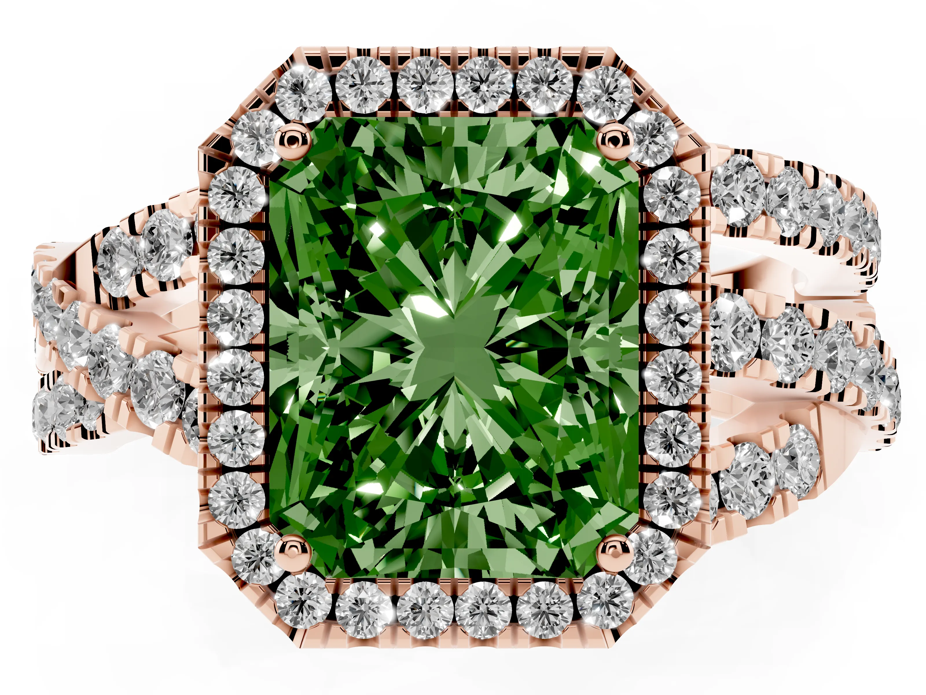 Fancy Green Radiant Cut Diamond Halo Ring Set in Rose gold with Round Crossover Split Shank and Prong Setting