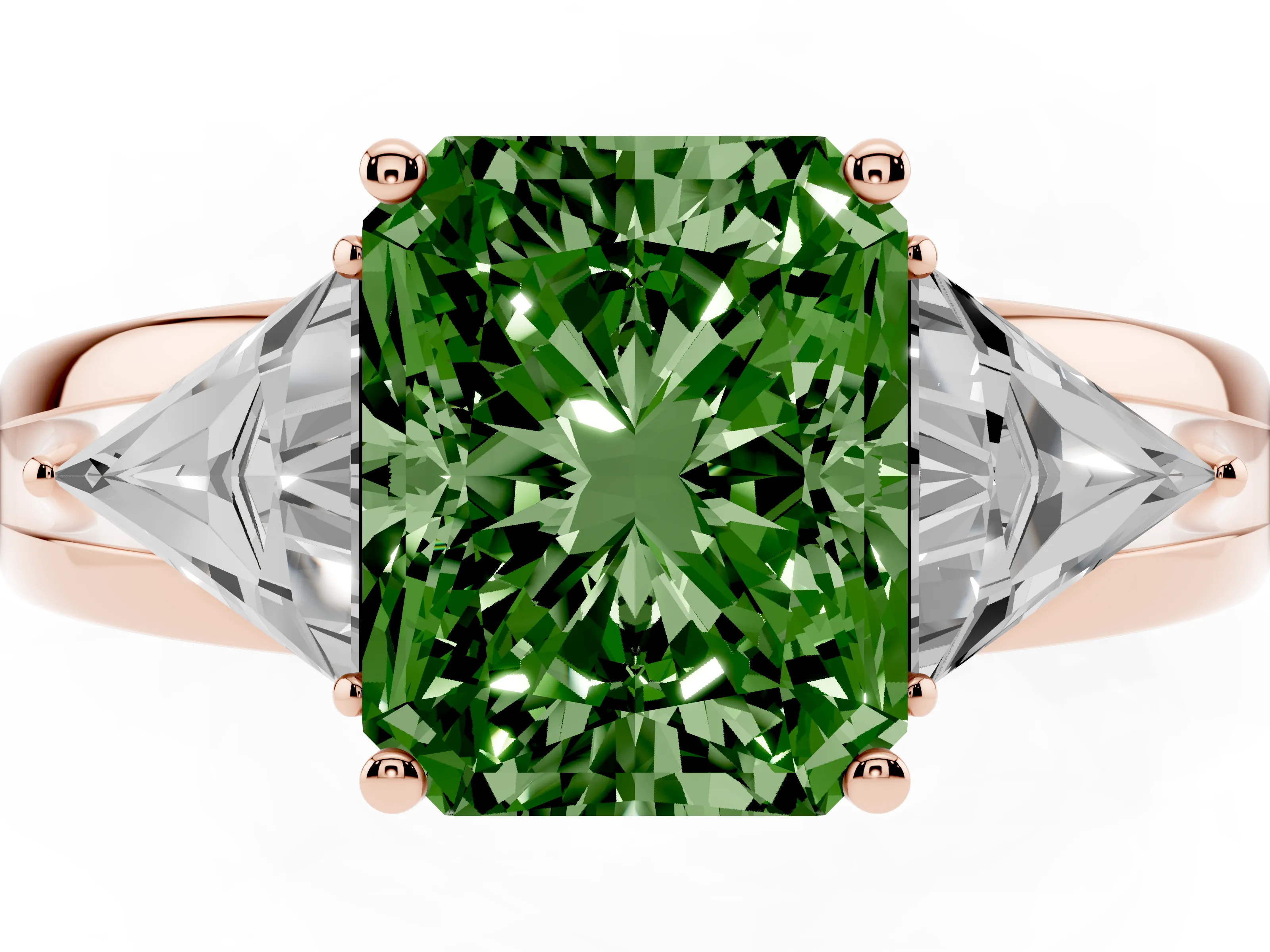 Fancy Green Radiant Cut Diamond Three-Stone Ring Set in Rose gold with Trillion Side Stones and Split Shank