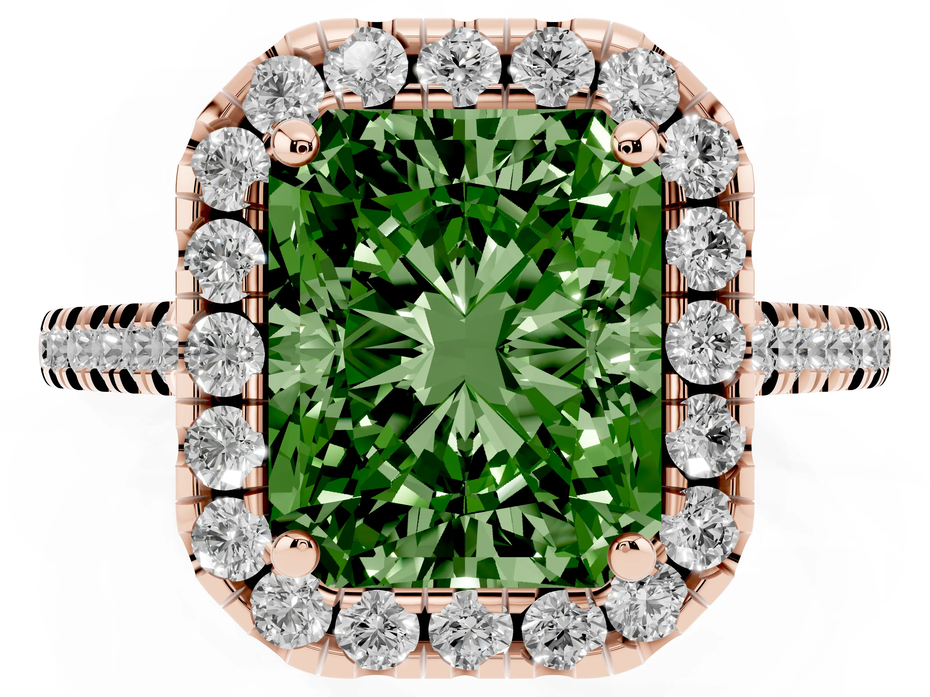 Fancy Green Radiant Cut Diamond Cushion Halo Ring Set in Rose gold with Pavé Band