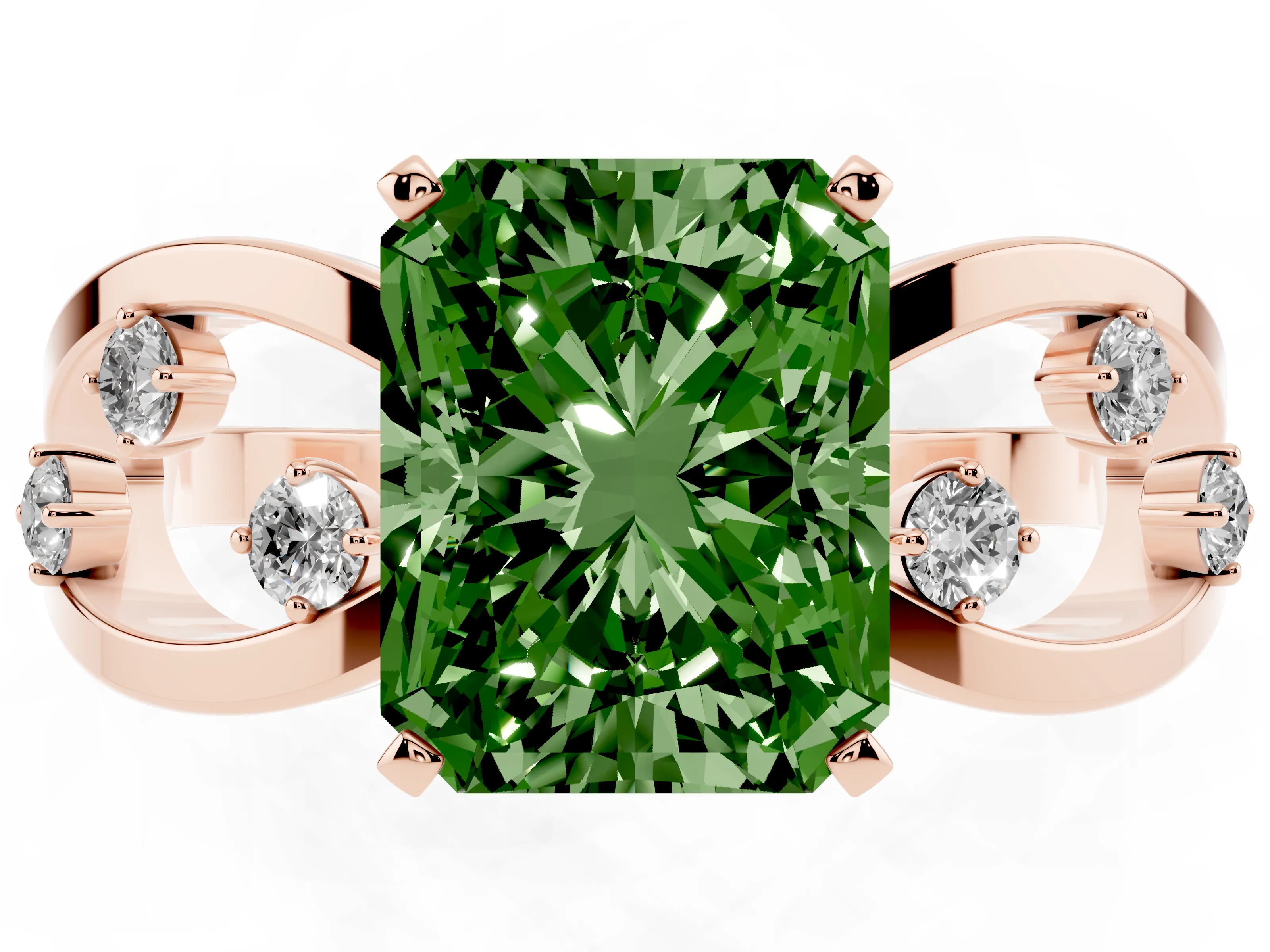 Fancy Green Radiant Cut Diamond Solitaire Ring Set in Rose gold with Side Stones on Criss-Cross Band and Prong Setting