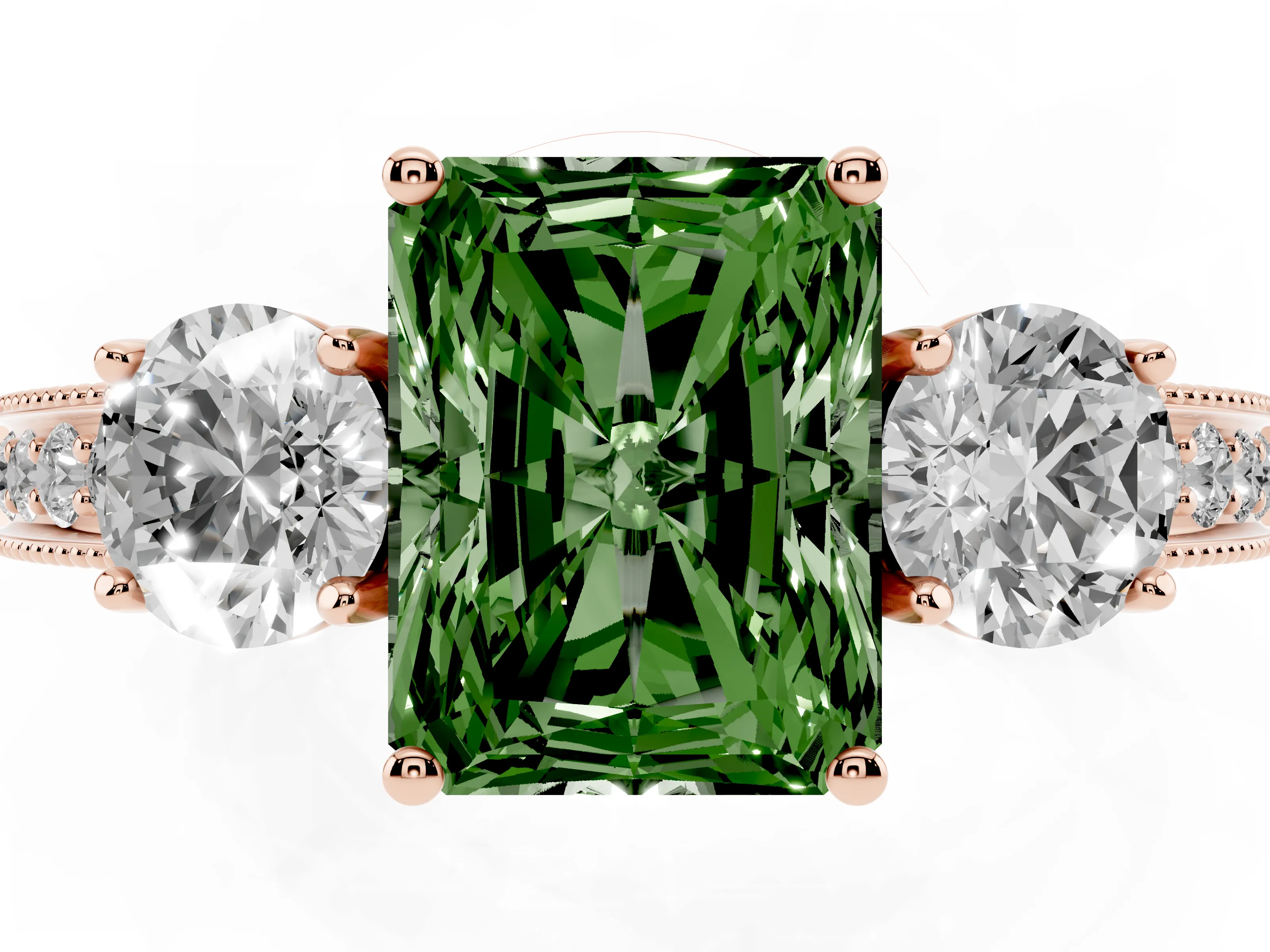 Fancy Green Radiant Cut Diamond Three-Stone Ring Set in Rose gold with Round Side Stones and Pavé Band