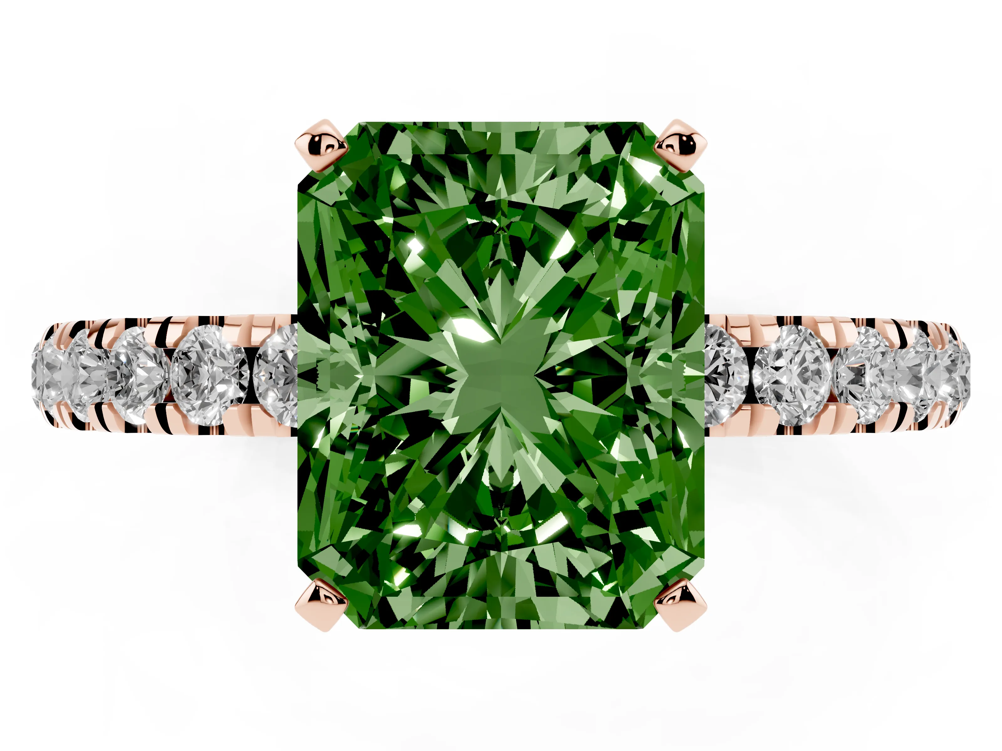Fancy Green Radiant Cut Diamond Solitaire Ring Set in Rose gold with Pavé Accents and Prong Setting
