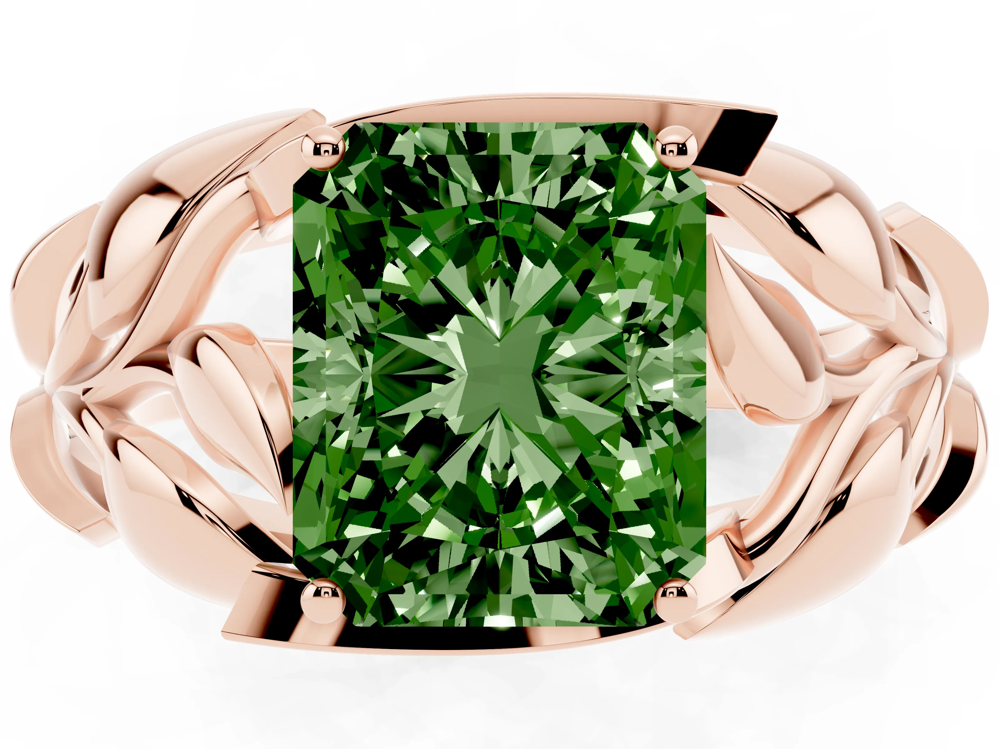 Fancy Green Radiant Cut Diamond Leaf-Inspired Engagement Ring Set in Rose gold with Round Accents