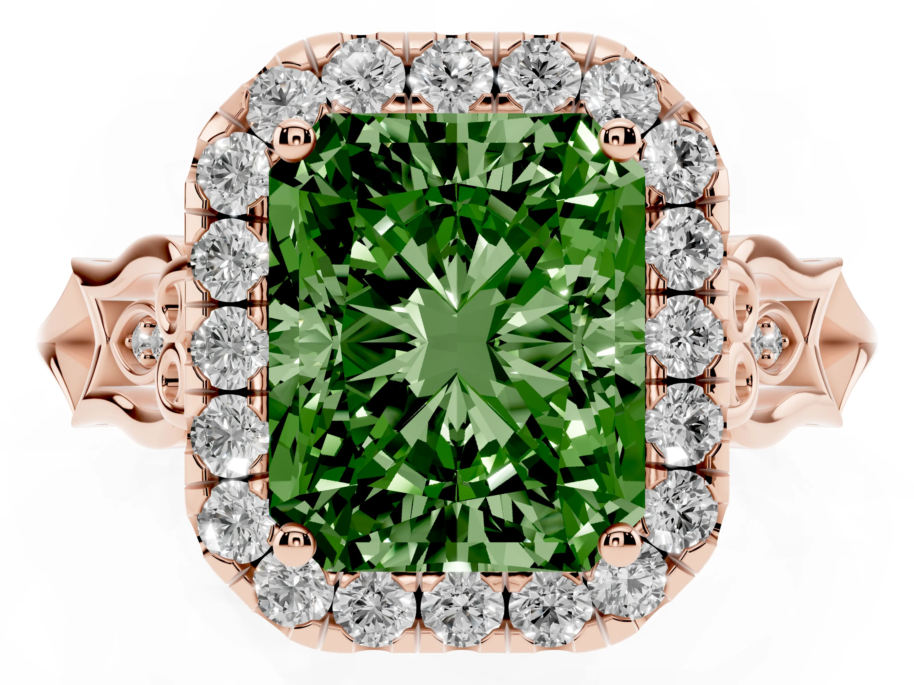 Fancy Green Radiant Cut Diamond Halo Engagement Ring Set in Rose gold with Filigree Band and Prong-Set Center