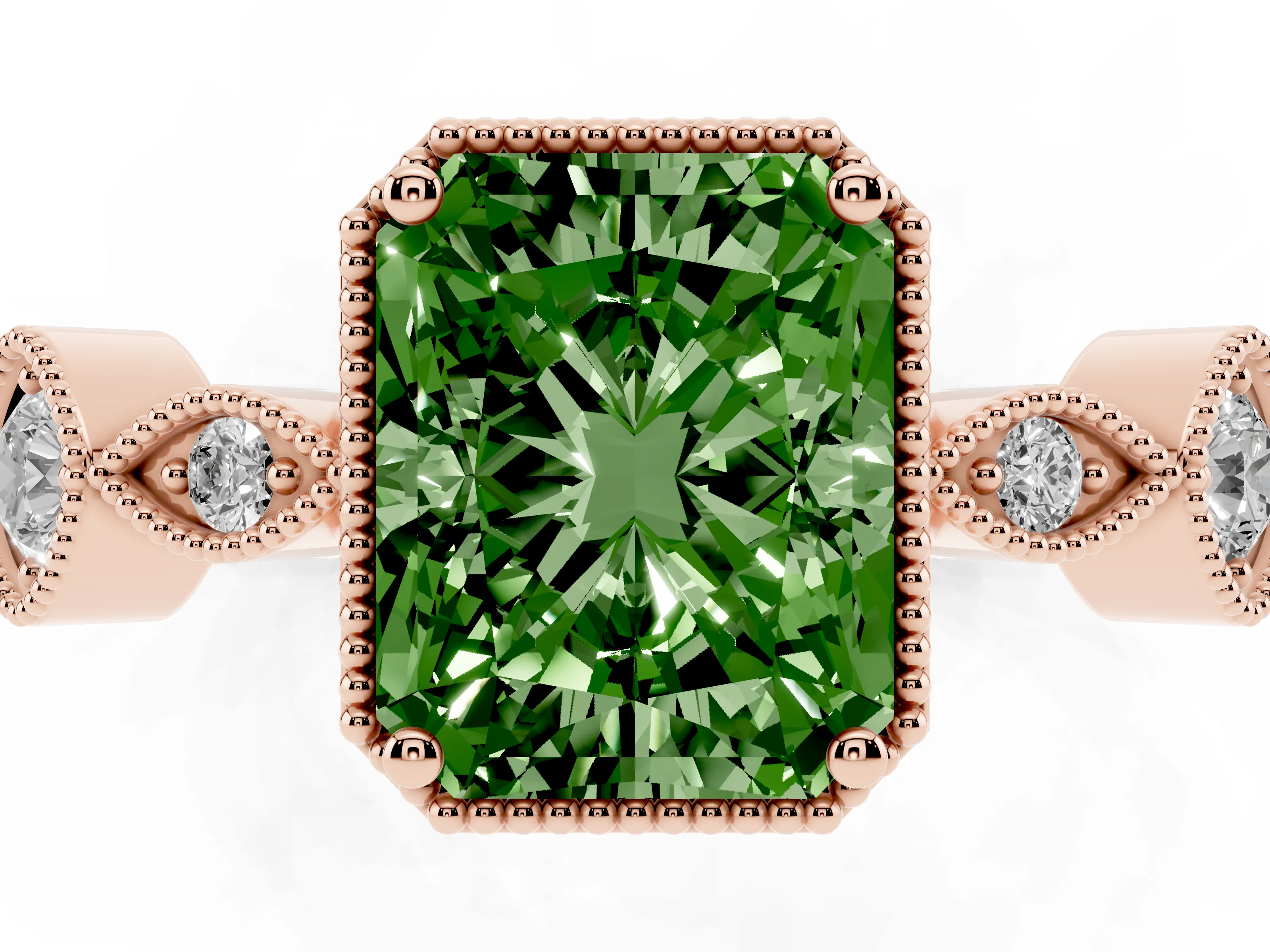 Fancy Green Radiant Cut Diamond Vintage-Inspired Milgrain Ring Set in Rose gold with Marquise Stations of Round Accents