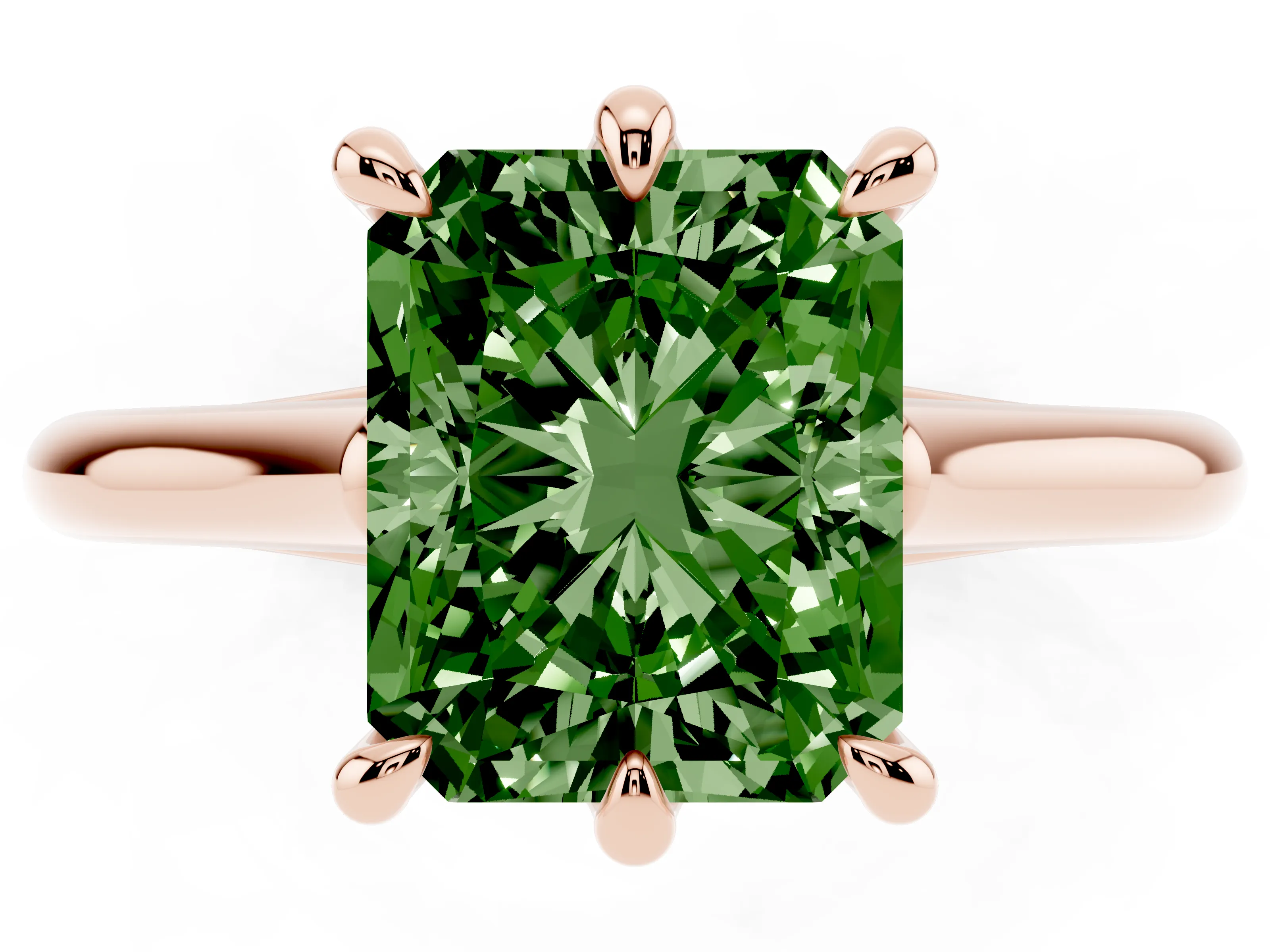 Fancy Green Radiant Cut Diamond Solitaire Engagement Ring Set in Rose gold with Prong Setting and Plain Classic Band