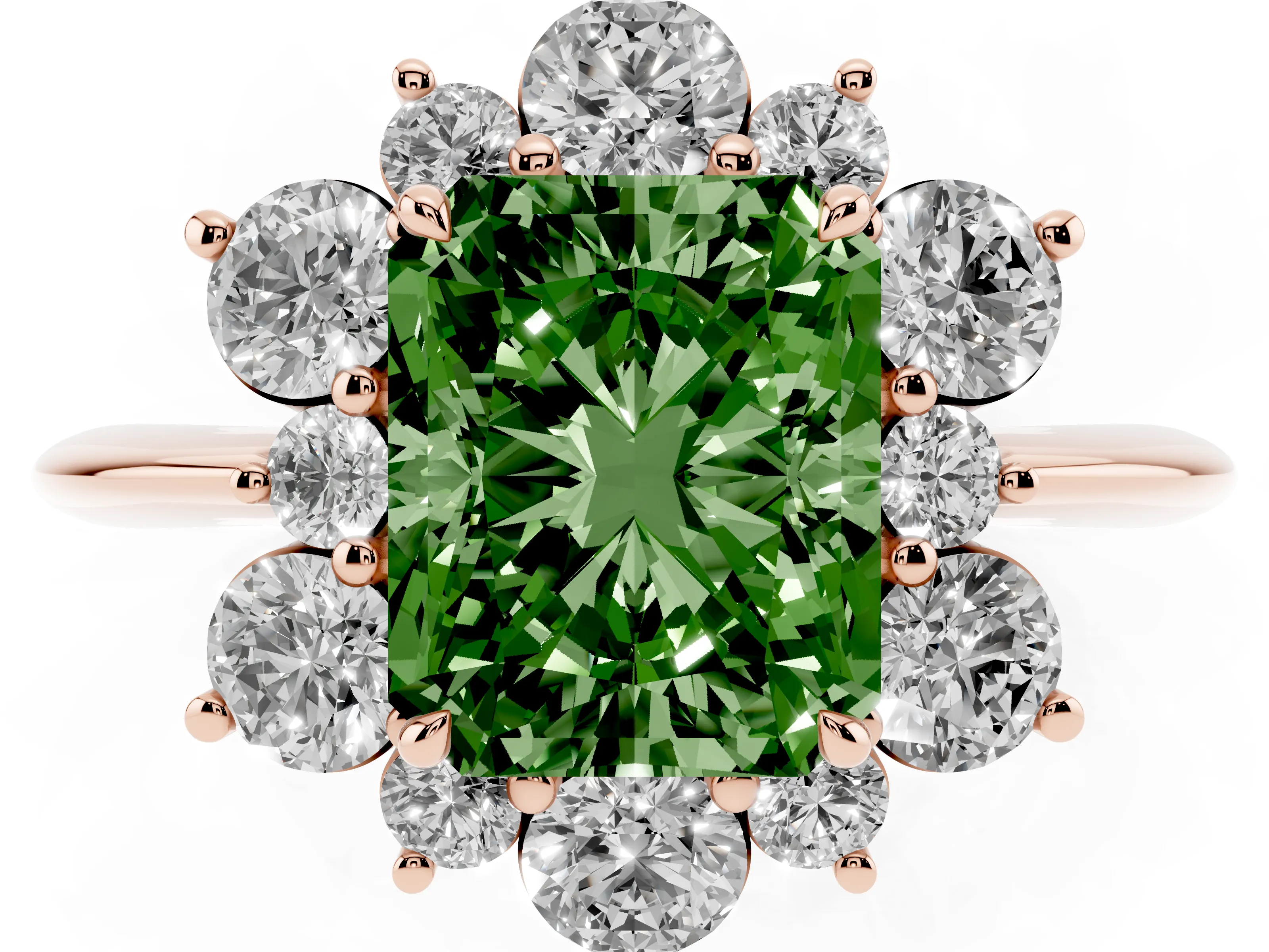Fancy Green Radiant Cut Diamond Cluster Halo Ring Set in Rose gold with Solitaire Band and Prong Setting