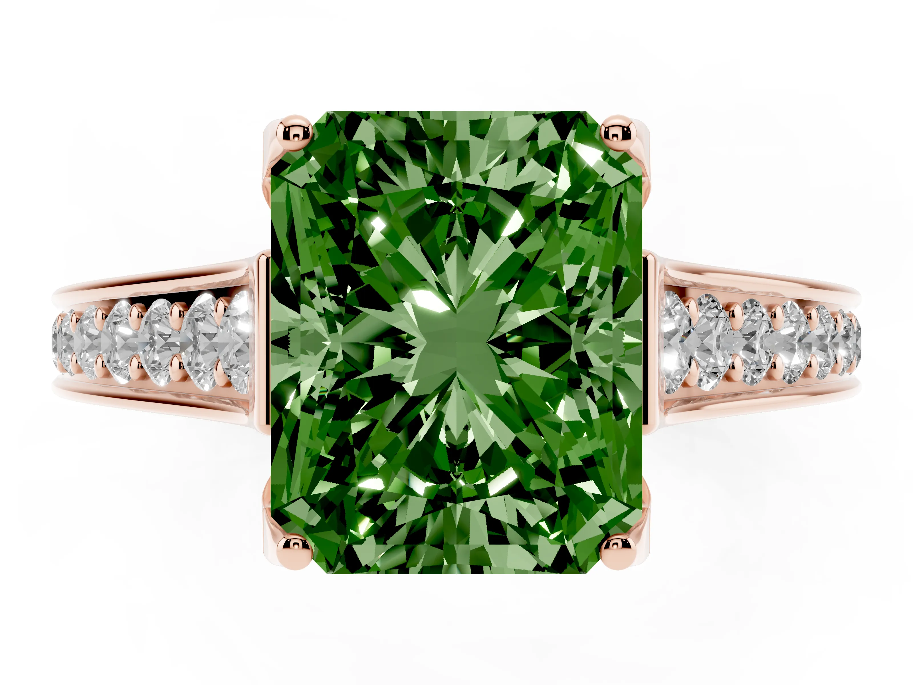 Fancy Green Radiant Cut Diamond Solitaire Pavé Engagement Ring Set in Rose gold with Prong Setting