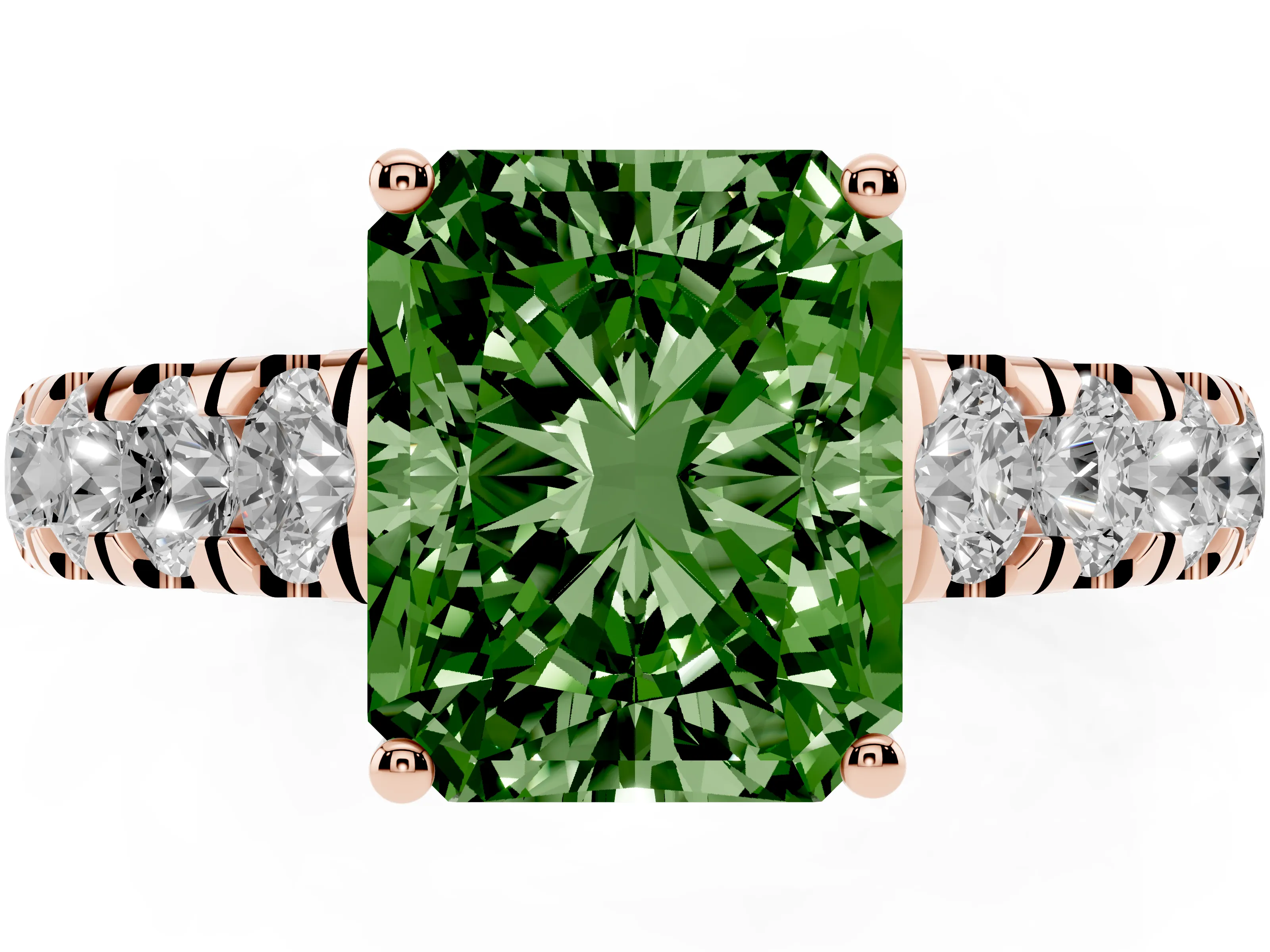 Fancy Green Radiant Cut Diamond Solitaire Ring Set in Rose gold with Cut-Down Micro Pavé Band and Prong Setting