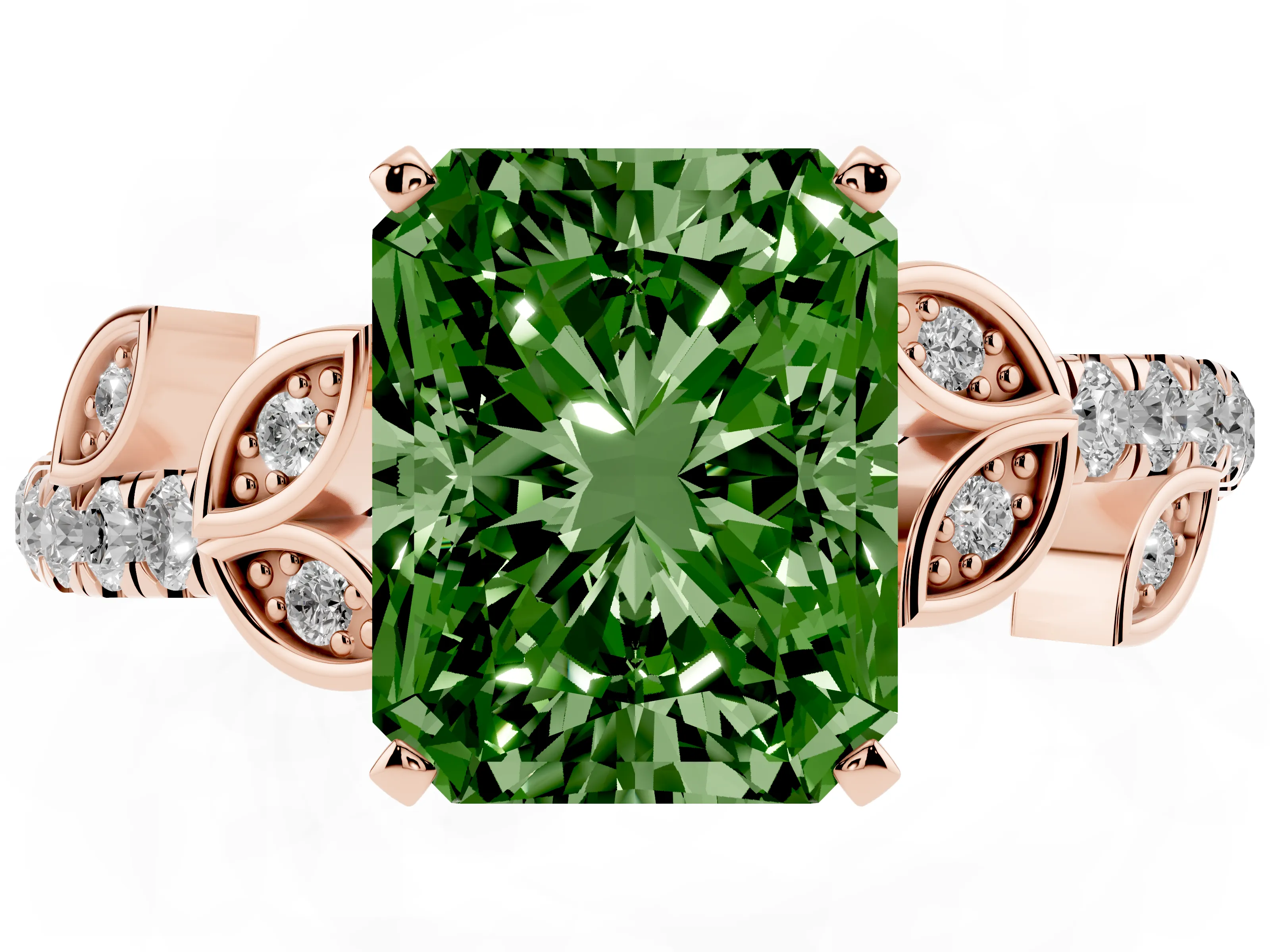 Fancy Green Radiant Cut Diamond Solitaire Leaf-Inspired Ring Set in Rose gold with Pavé Band and Prong Setting