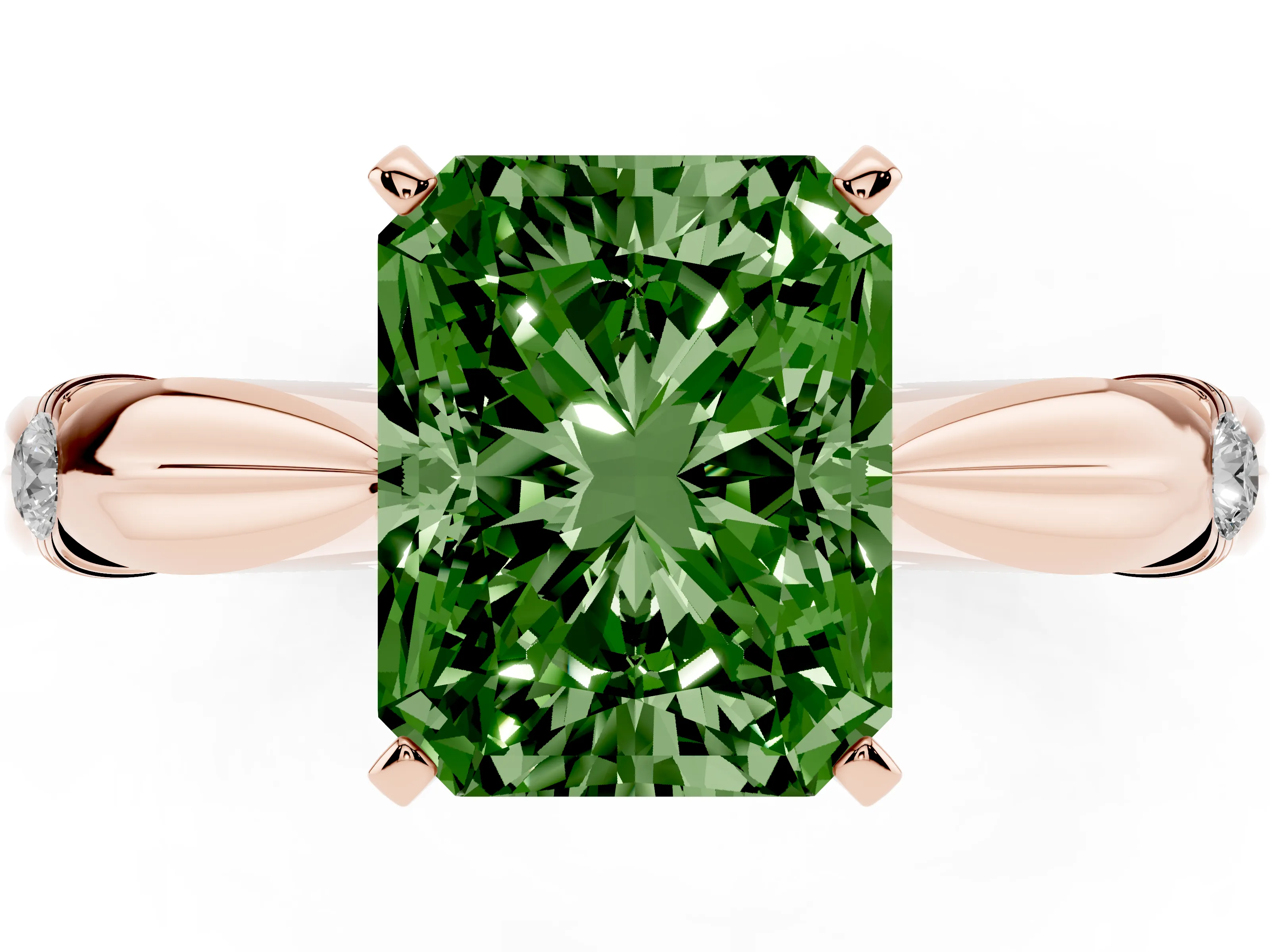 Fancy Green Radiant Cut Diamond Solitaire Twisted Band Ring Set in Rose gold with Accent Stones and Prong Setting