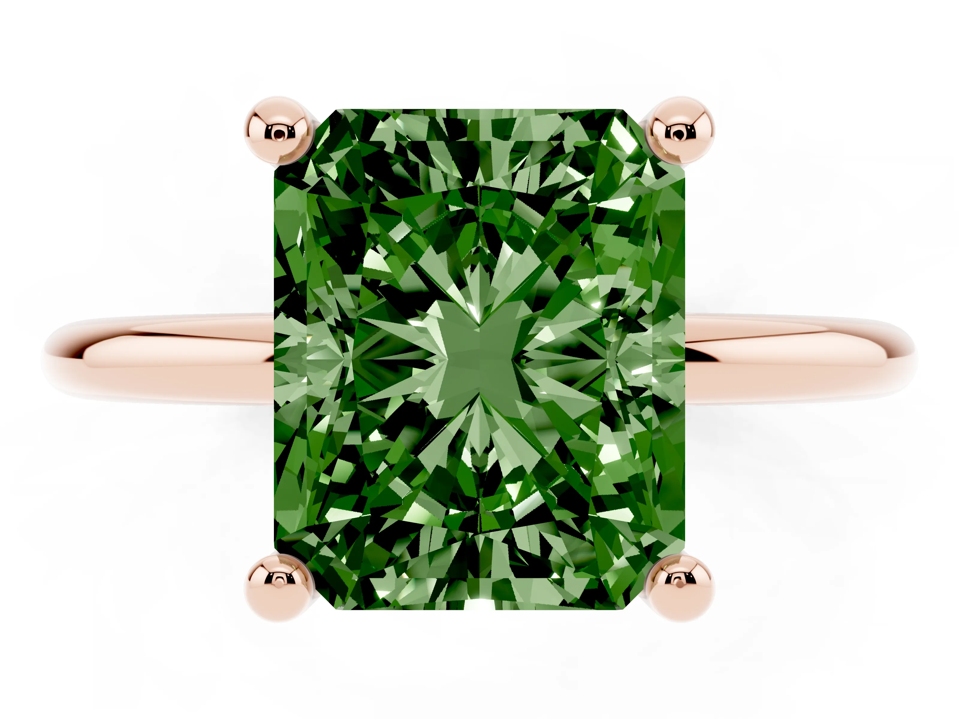 Fancy Green Radiant Cut Diamond Solitaire Ring Set in Rose gold with Secure Prong Setting on a Classic Band