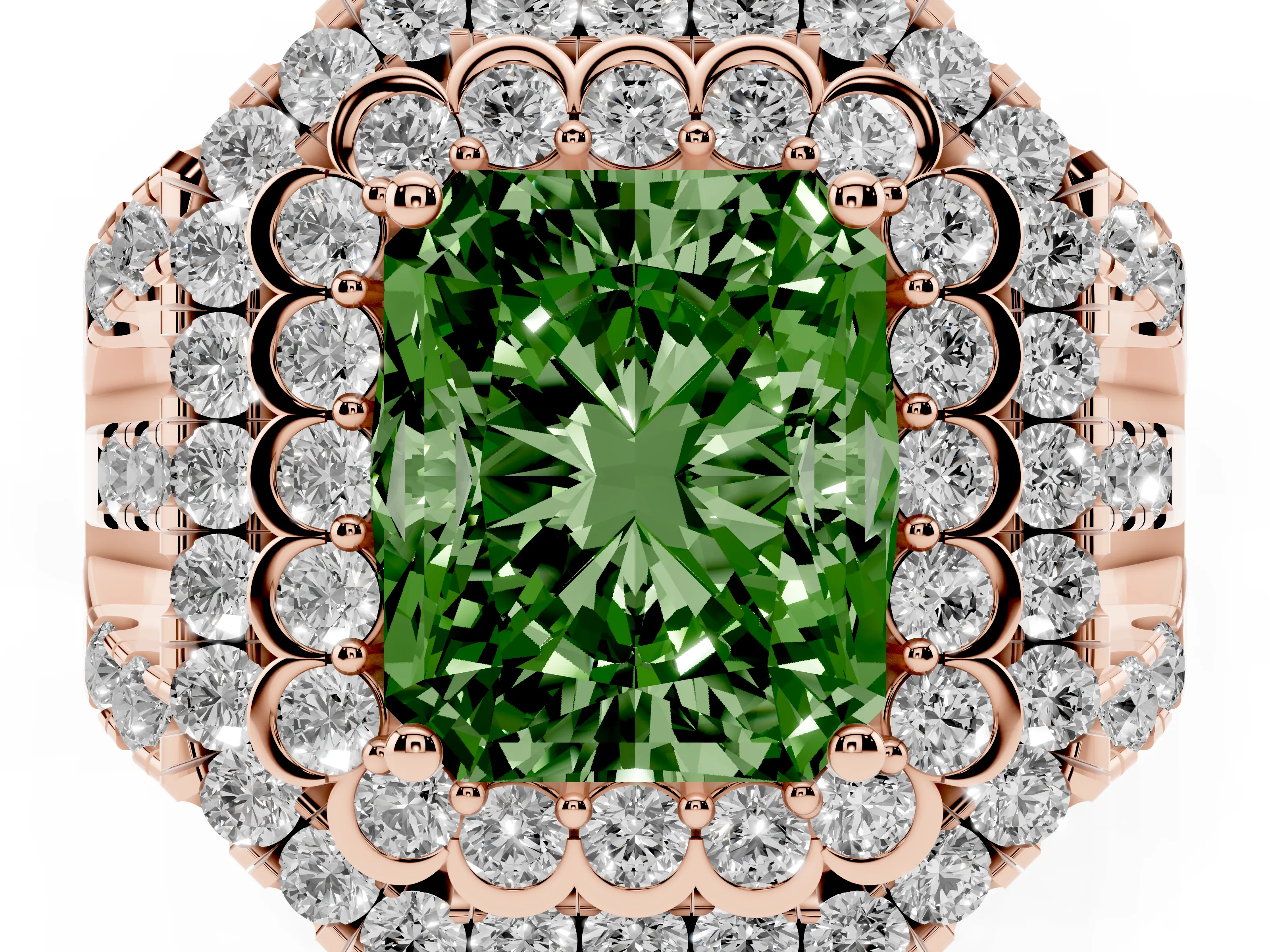 Fancy Green Radiant Cut Diamond Double Halo Ring Set in Rose gold with Round Pavé Split Shank