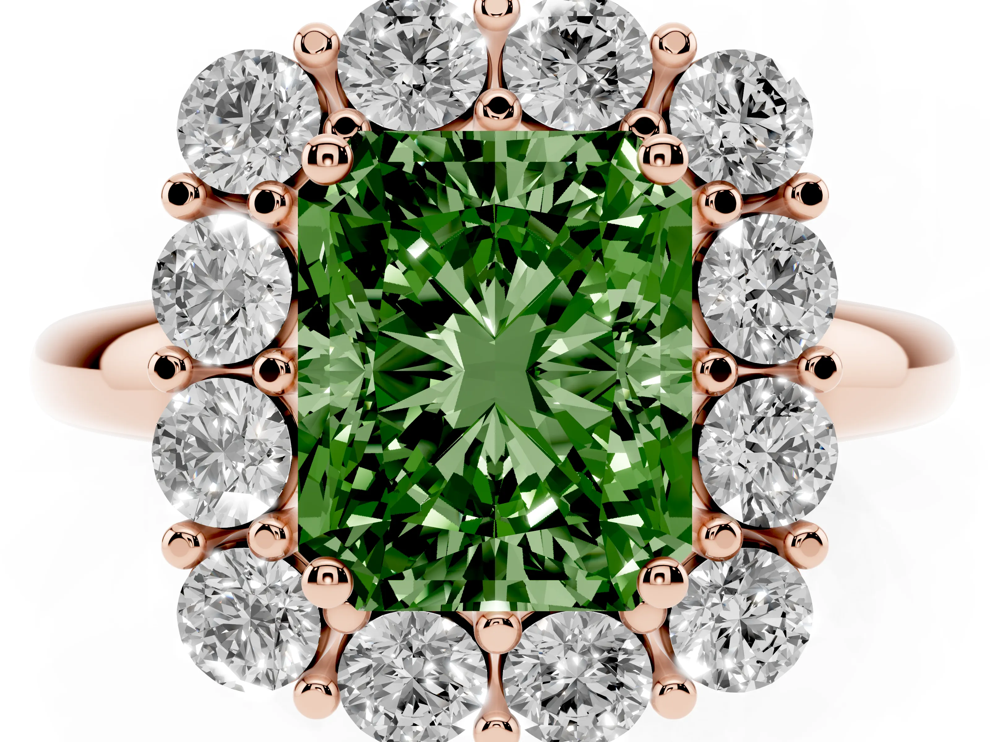 Fancy Green Radiant Cut Diamond Halo Cluster Engagement Ring Set in Rose gold with Polished Band and Prong Setting