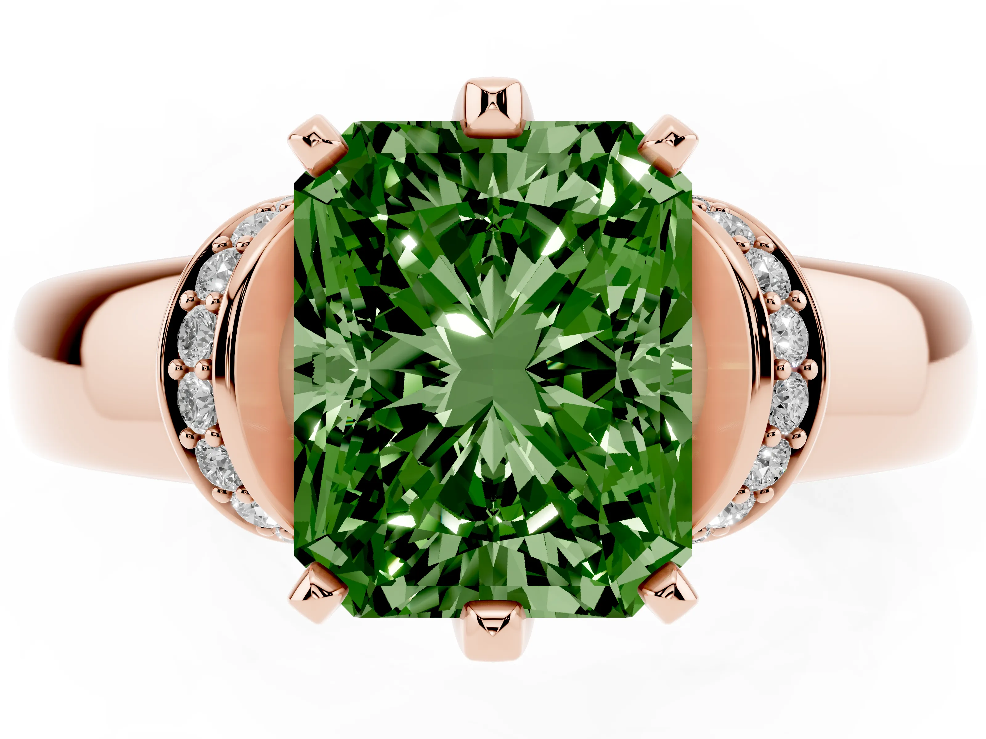 Fancy Green Radiant Cut Diamond Pavé Band Solitaire Ring Set in Rose gold with Prong Setting