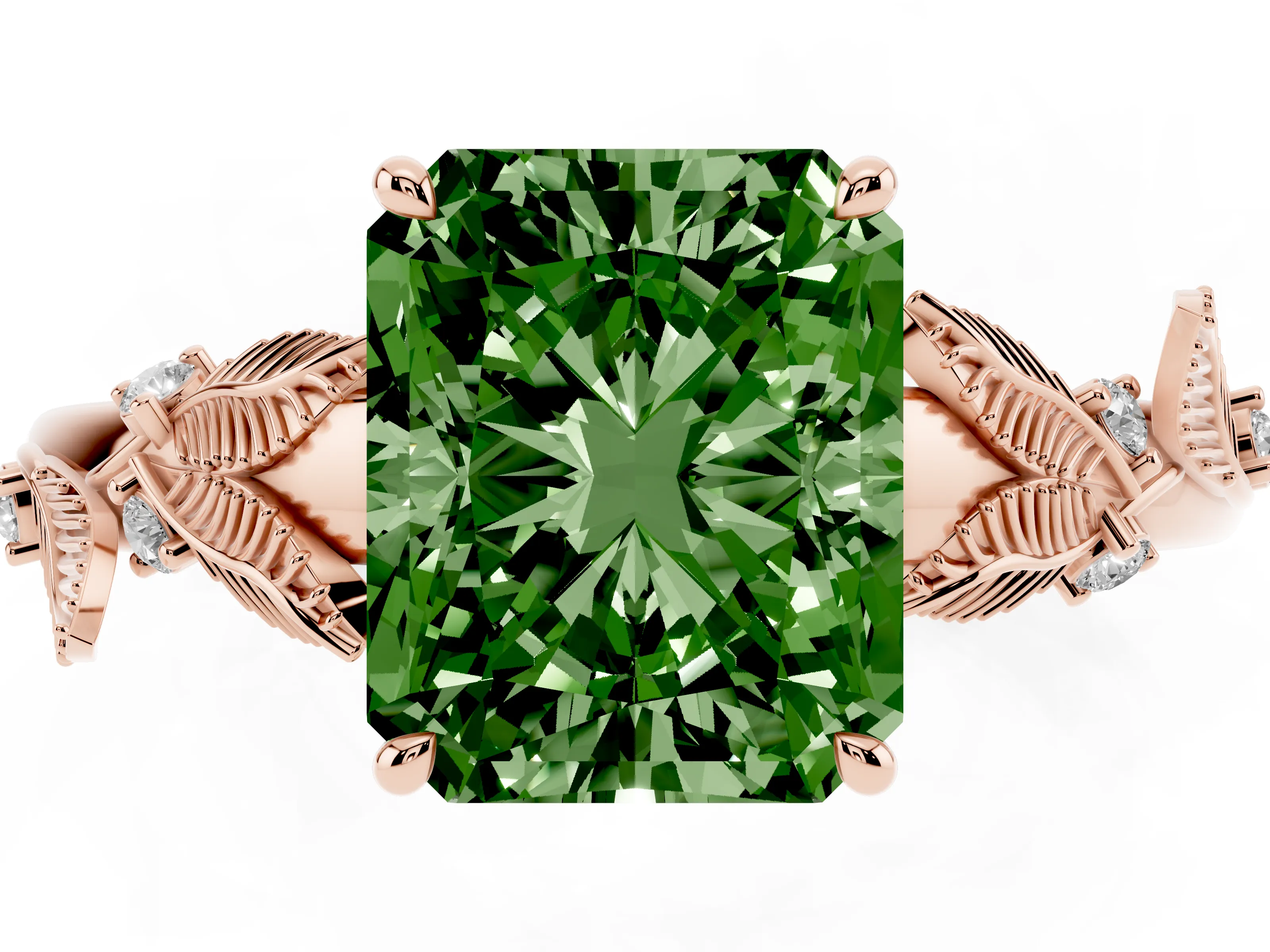 Fancy Green Radiant Cut Diamond Solitaire Ring Set in Rose gold with Leaf Motif Band