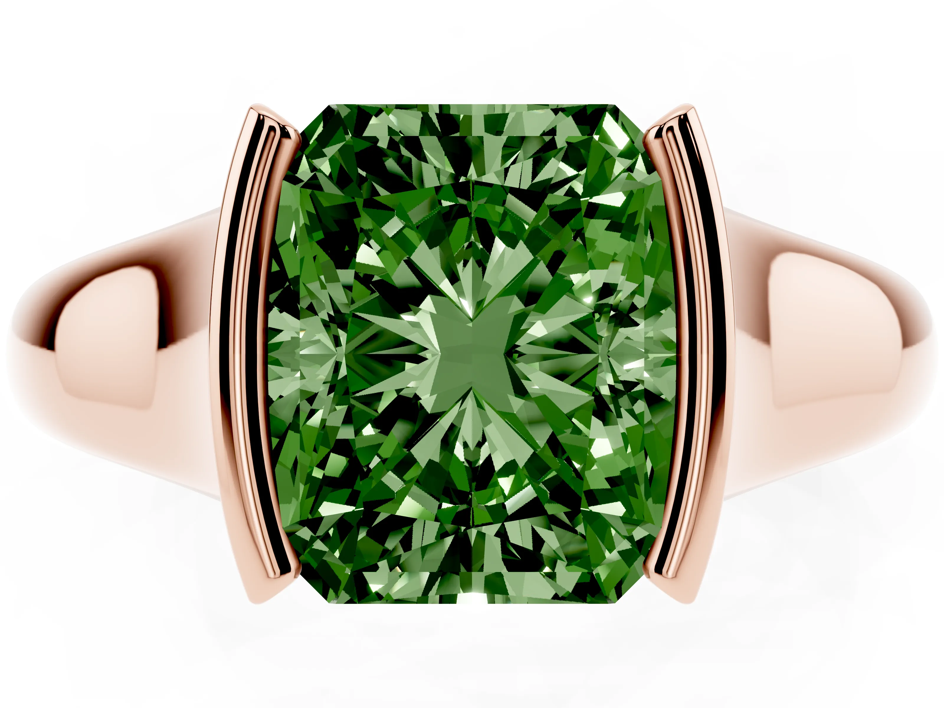 Fancy Green Radiant Cut Diamond Solitaire Tension Set Ring Set in Rose gold with Split Shank Band