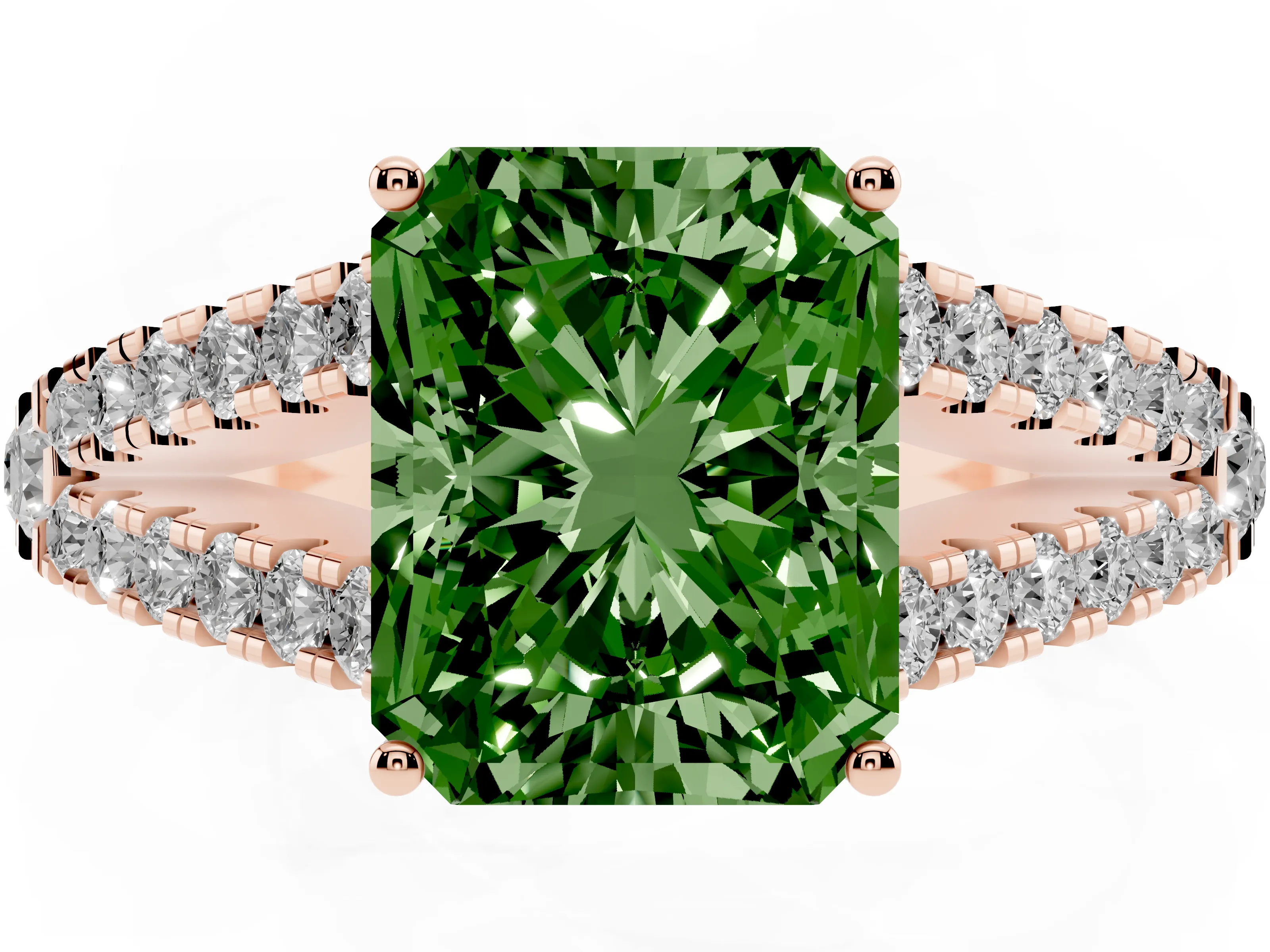 Fancy Green Radiant Cut Diamond Split Shank Pavé Engagement Ring Set in Rose gold with Prong-Held Center Stone