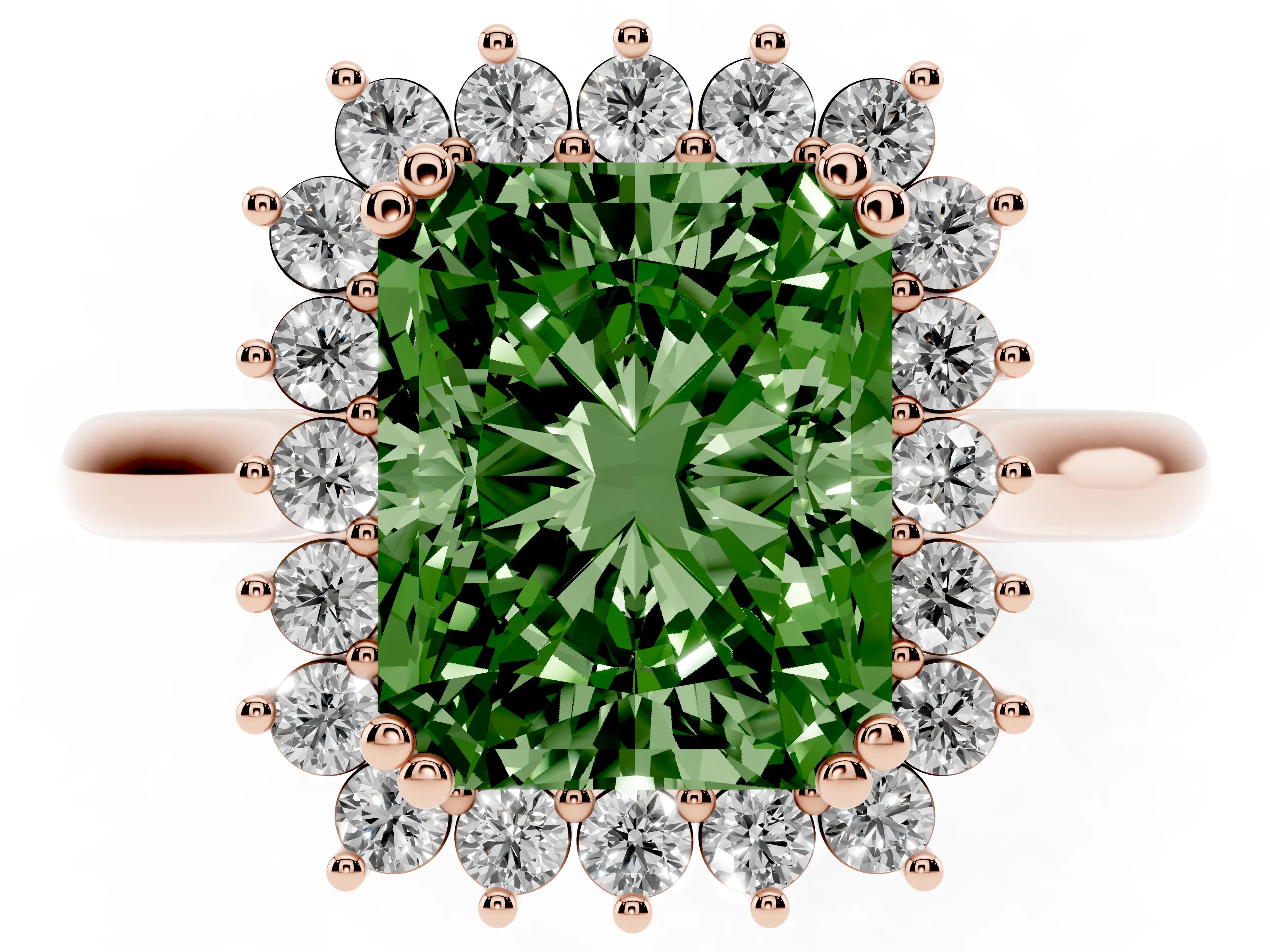 Fancy Green Radiant Cut Diamond Halo Ring Set in Rose gold with Plain Solitaire Band and Prong Setting