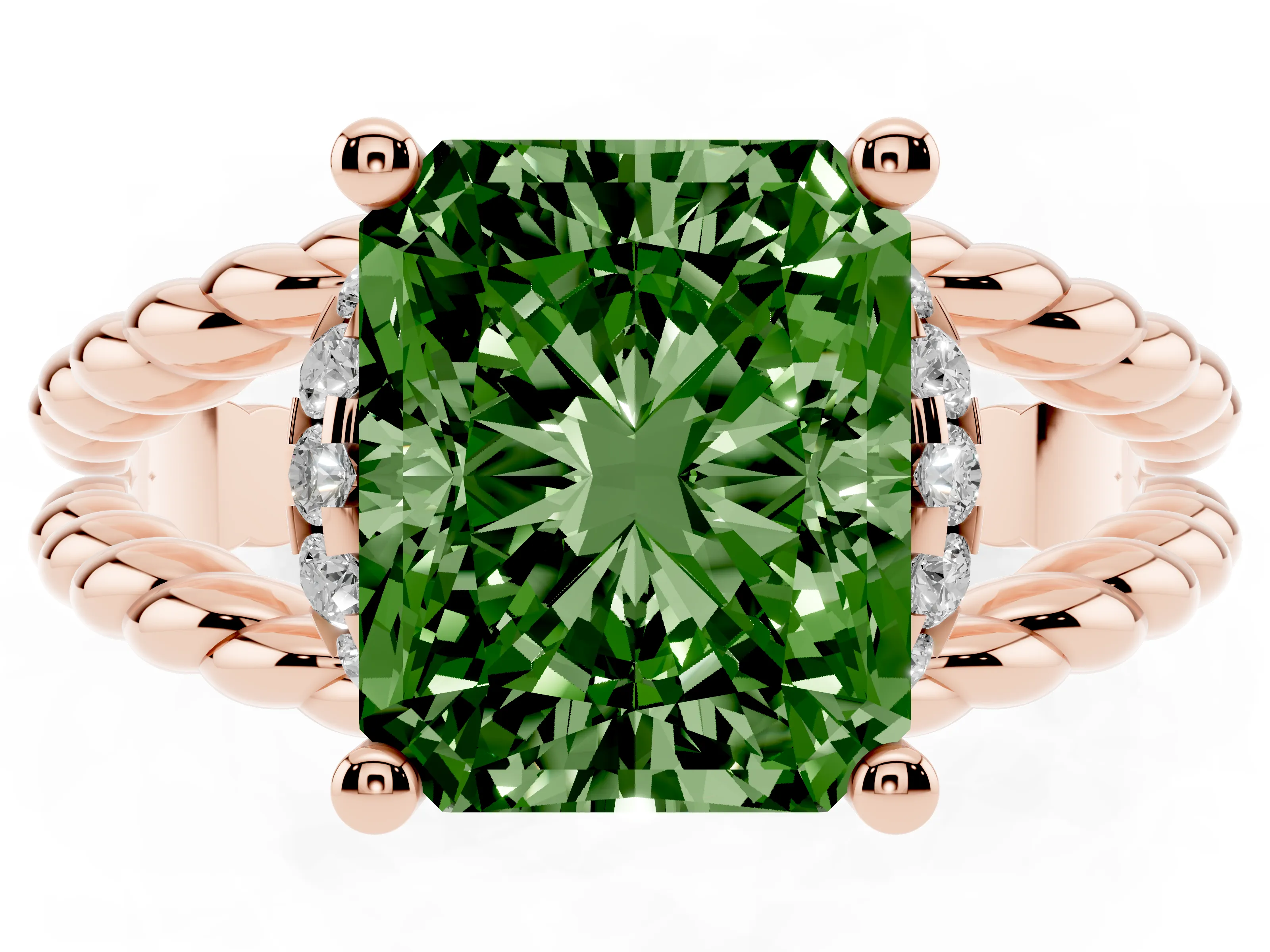 Fancy Green Radiant Cut Diamond Halo Ring Set in Rose gold with Twisted Band and Prong Setting