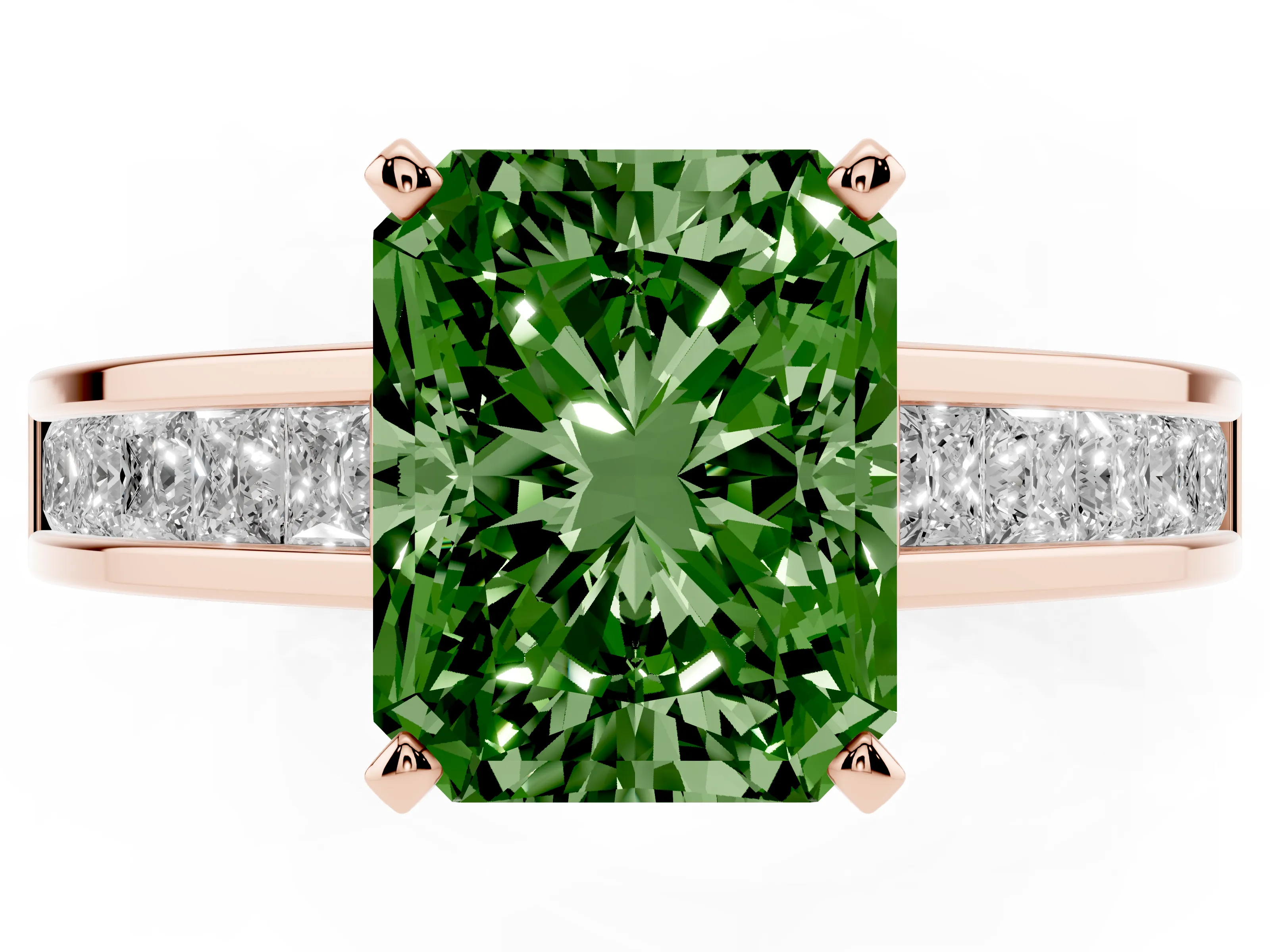 Fancy Green Radiant Cut Diamond Solitaire Ring Set in Rose gold with Channel-Set Band and Prong Setting