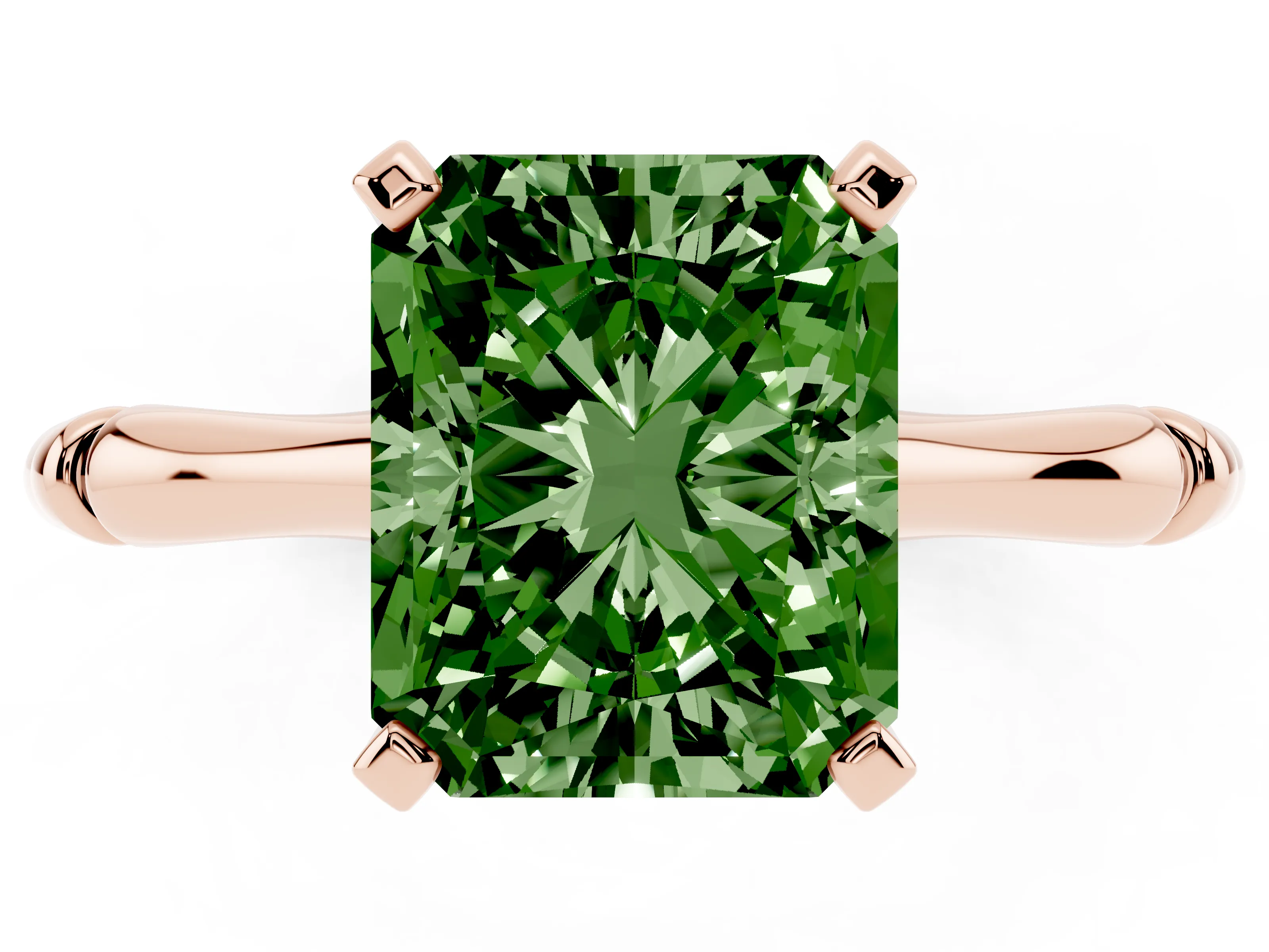 Fancy Green Radiant Cut Diamond Solitaire Ring Set in Rose gold with Bamboo Band and Prong Setting
