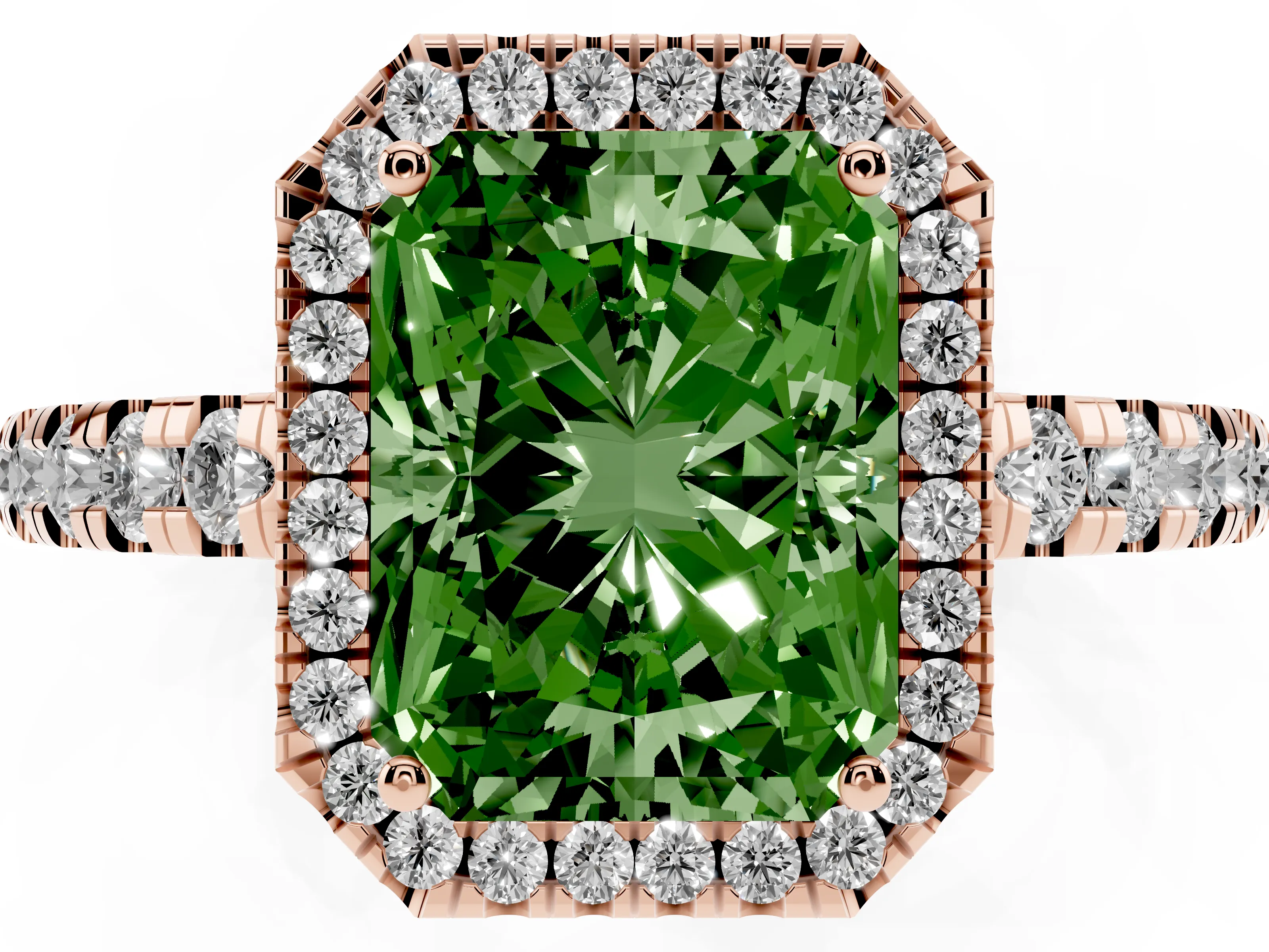 Fancy Green Radiant Cut Diamond Halo Ring Set in Rose gold with Delicate Pavé Band and Prong Setting