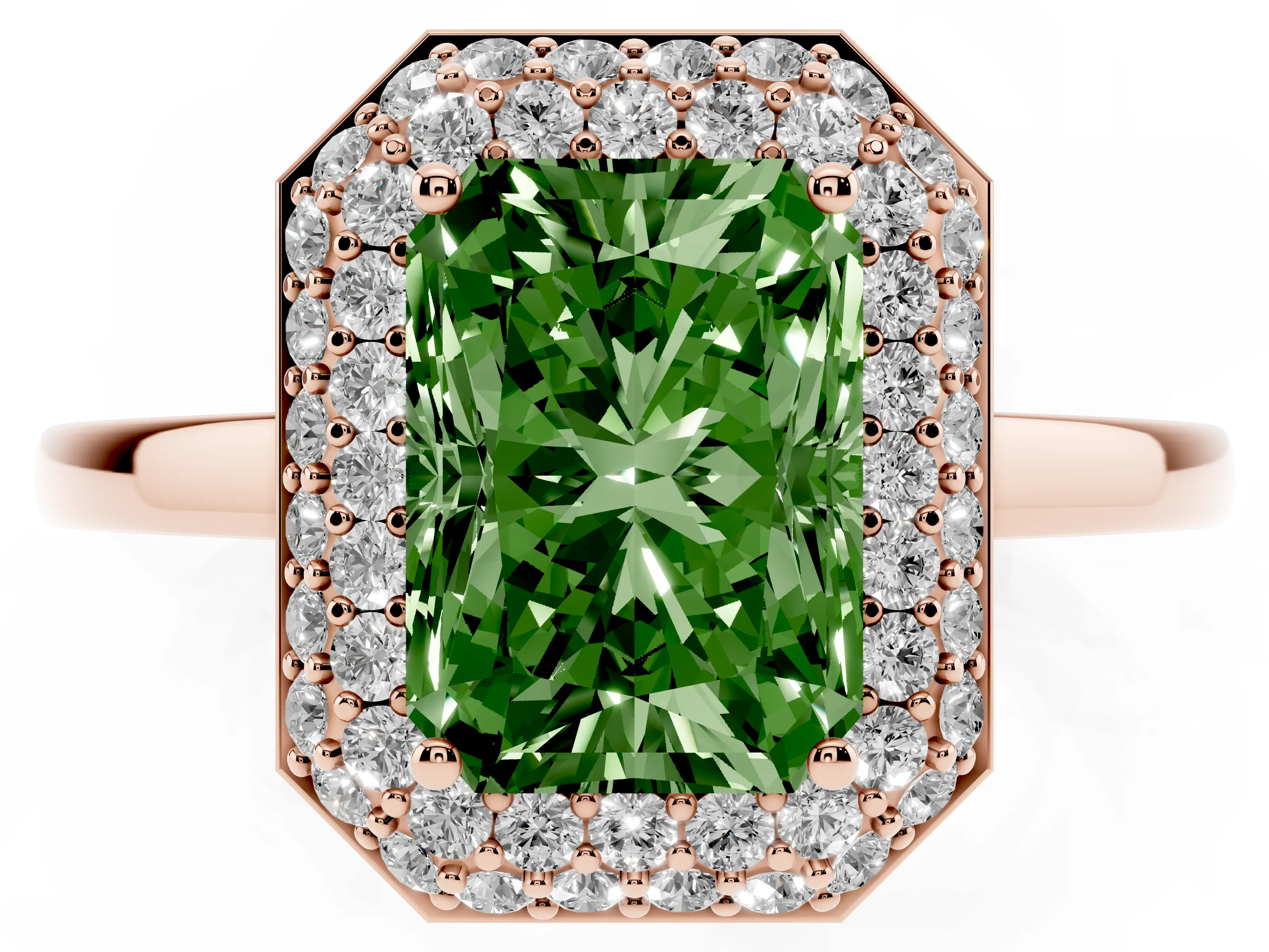 Fancy Green Radiant Cut Diamond Halo Engagement Ring Set in Rose gold with Solitaire Band and Prong Setting