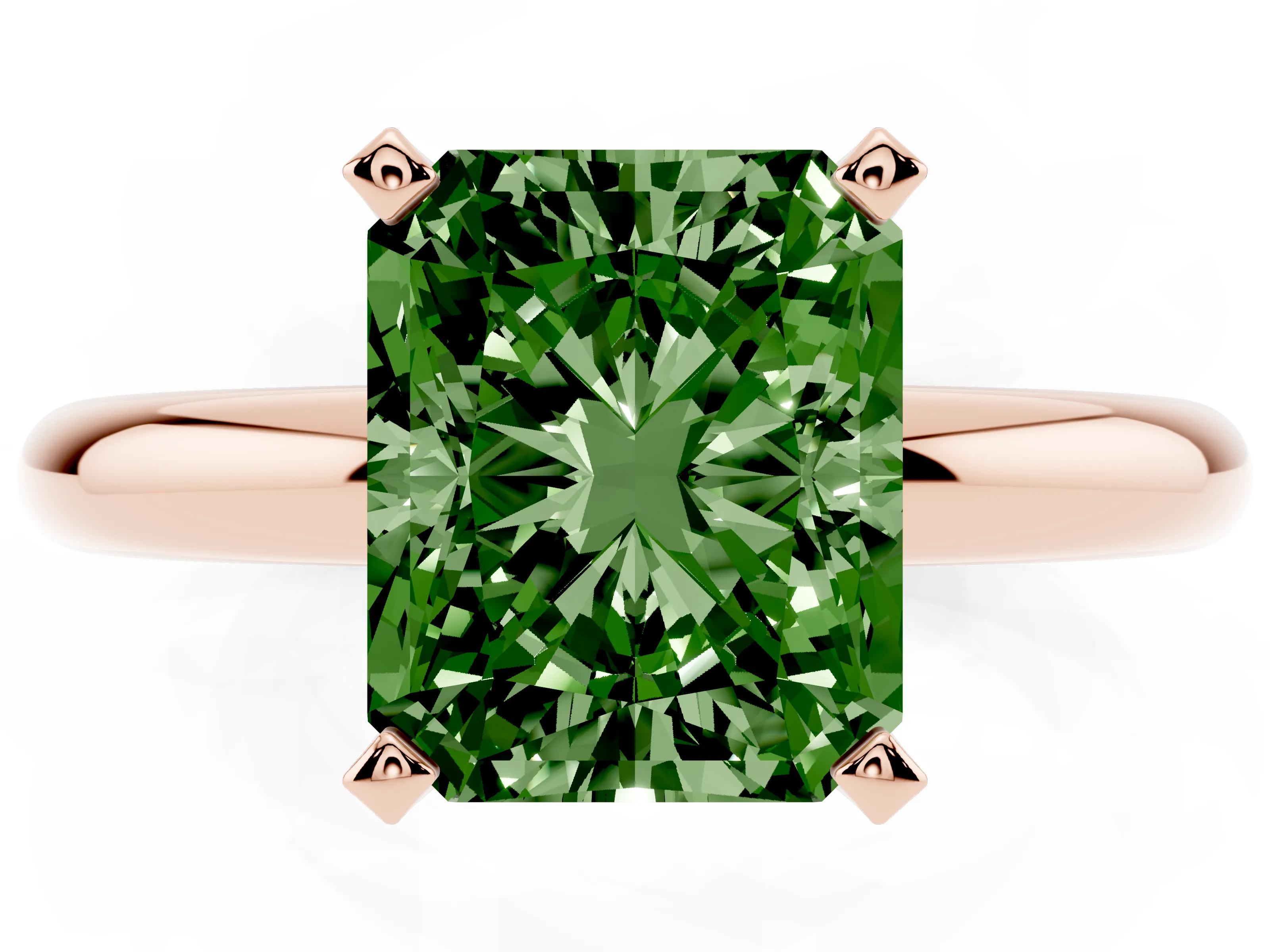 Fancy Green Radiant Cut Diamond Solitaire Engagement Ring Set in Rose gold with Round Band and Prong Setting